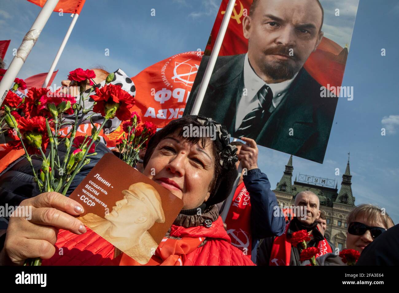 Moscow, Russia. 22nd of April, 2021 Russian communist supporters walk ...