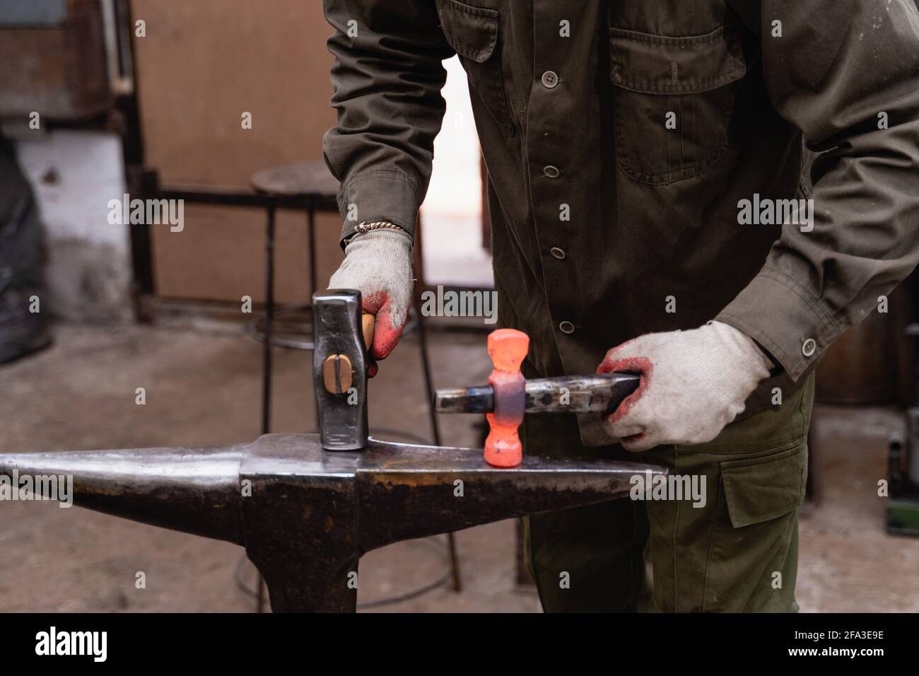 Traditional metalworking process in a Closeup of processing a