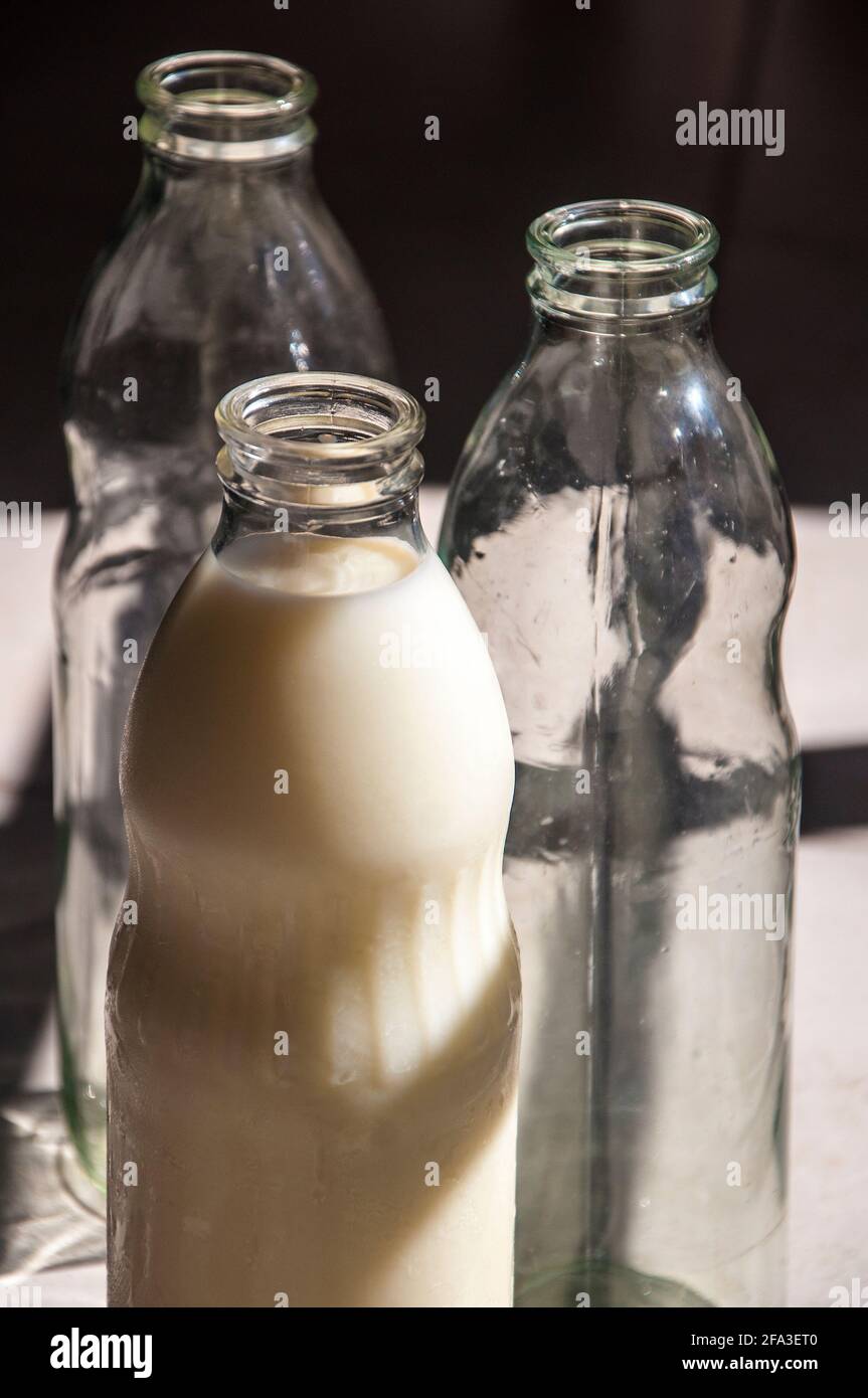 Glass bottles with milk, full and empty. Stock Photo