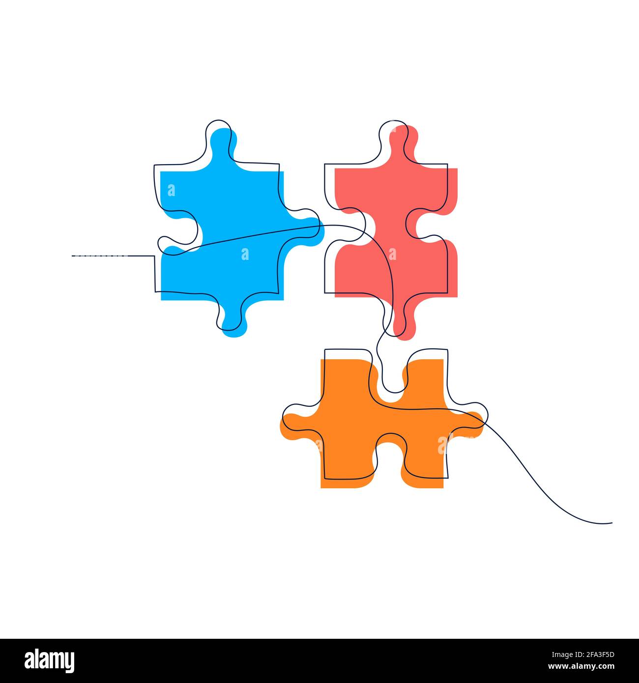 Continuous one line drawing pieces jigsaw puzzle with colors. Business