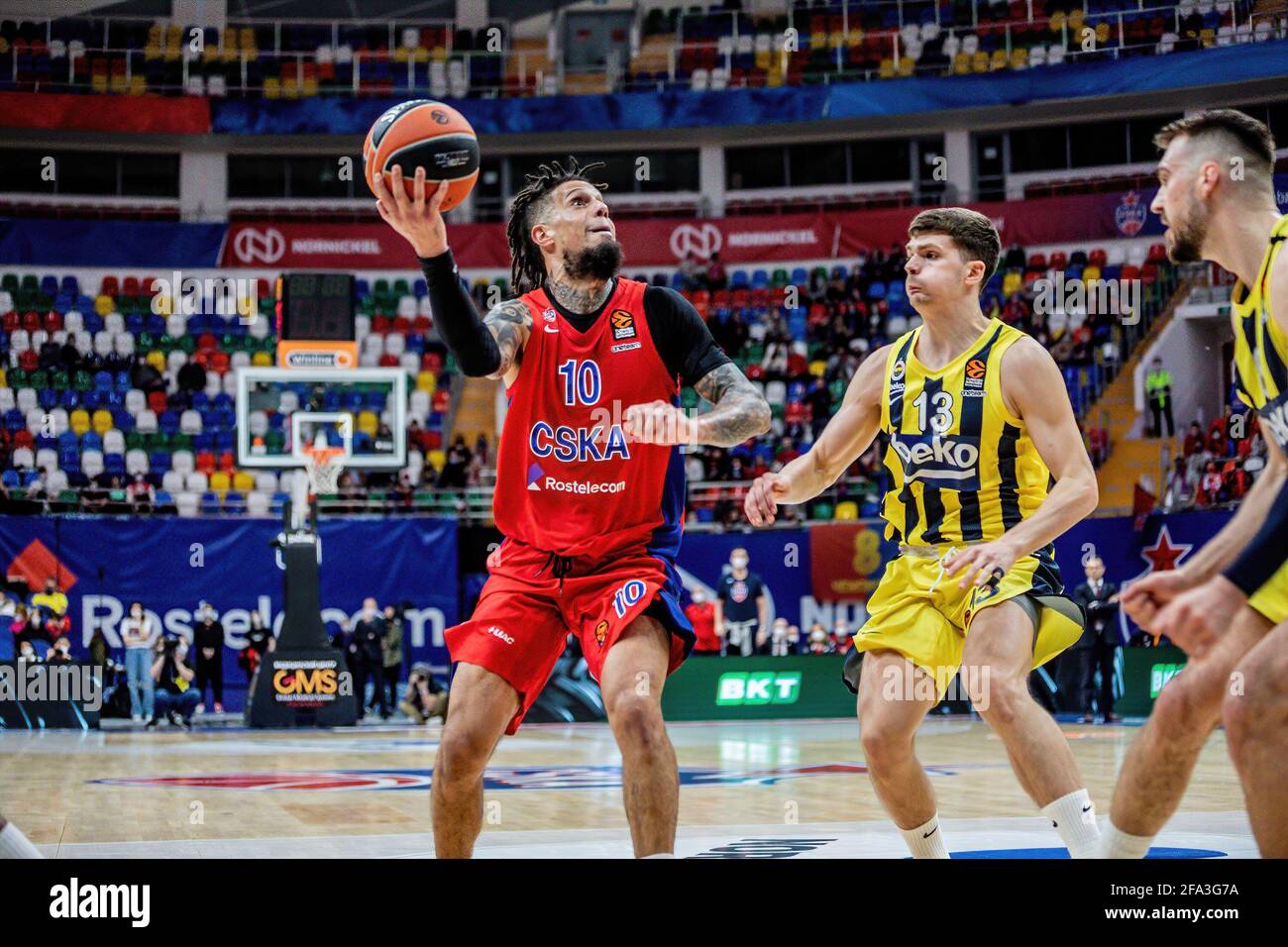 Moscow, Russia. 21st Apr, 2021. Daniel Hackett (10), of CSKA Moscow in  action against Tarik Biberovic (13) of Fenerbahce Beko Istanbul during Game  1 of the Turkish Airlines EuroLeague Playoffs of 2020-2021