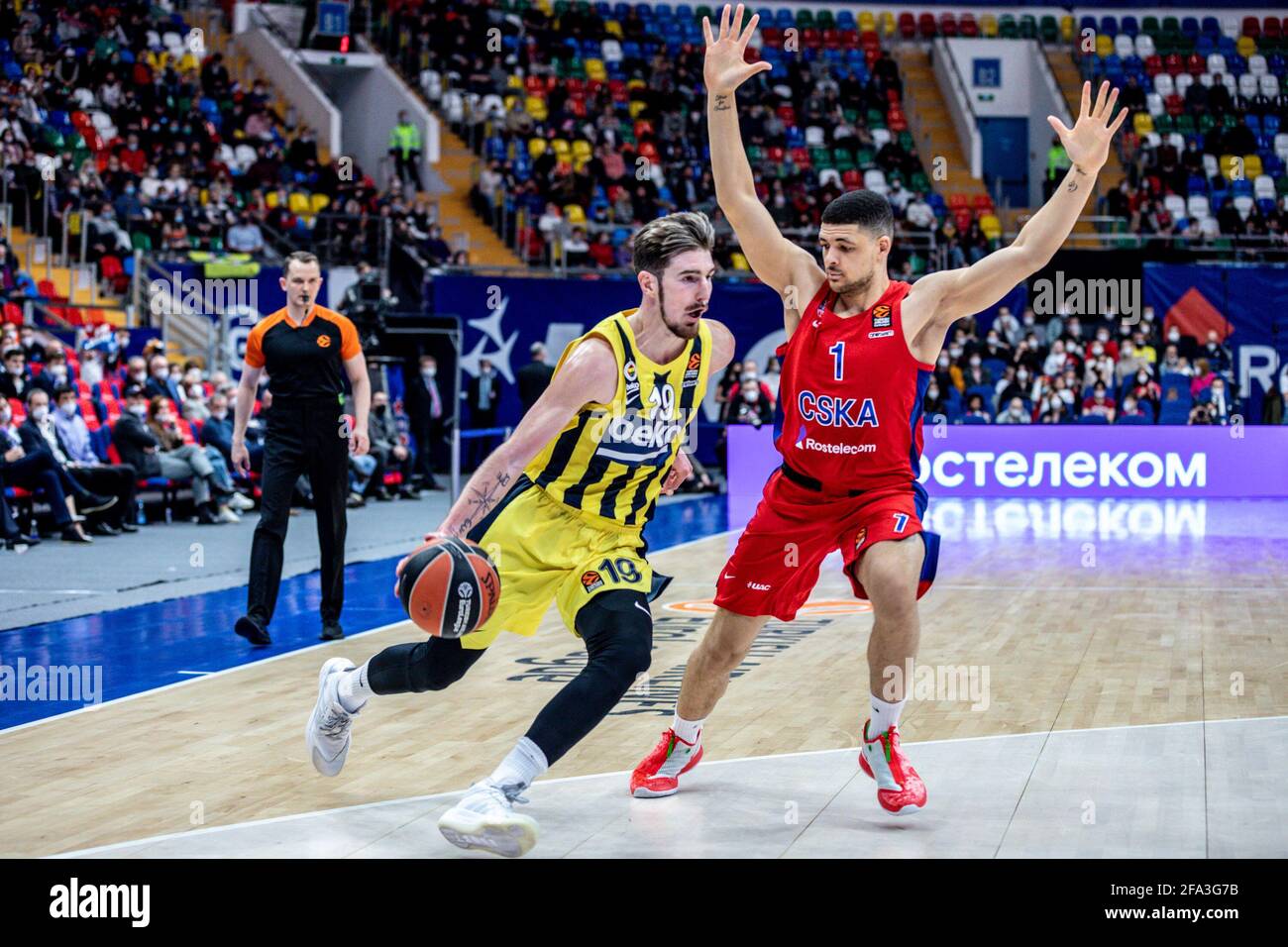 Moscow, Russia. 21st Apr, 2021. Nando DeColo, (19) of Fenerbahce Beko  Istanbul in action against Iffe Lundberg (1) of CSKA Moscow during Game 1  of the Turkish Airlines EuroLeague Playoffs of the