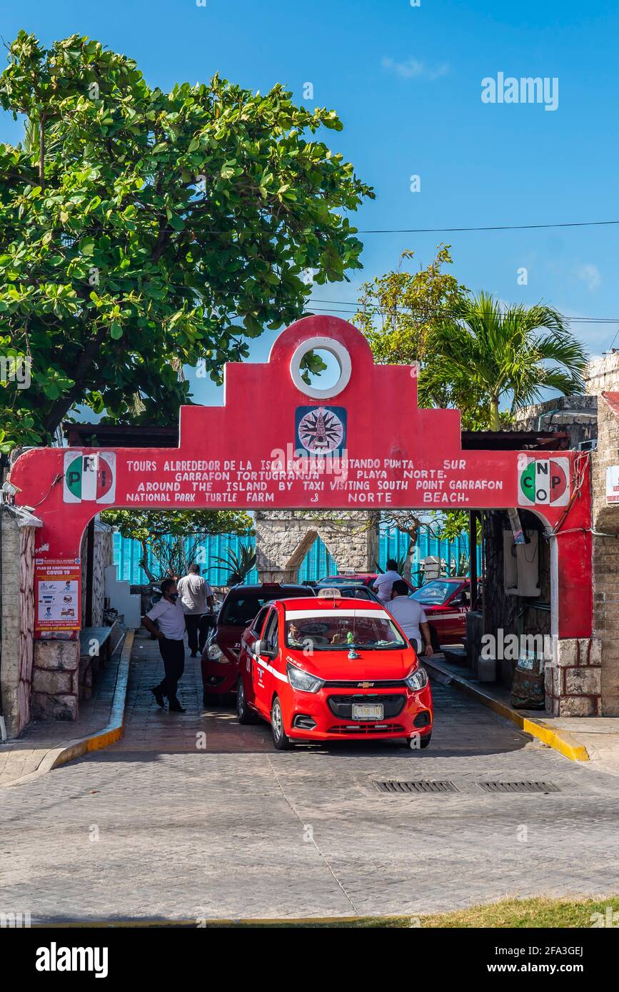 ISLA MUJERES, MEXICO -MARCH 12.2021: Taxi station beside the ferry terminal on Isla Mujeres Stock Photo