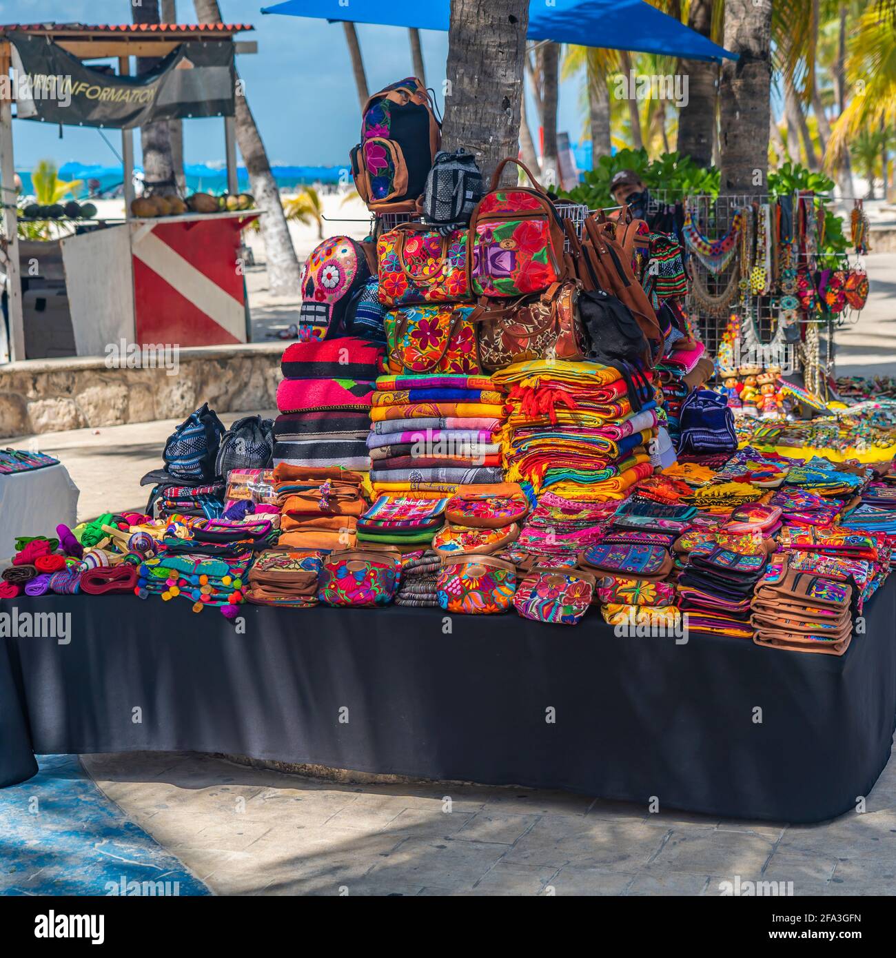 ISLA MUJERES, MEXICO MARCH 12.2021 Colorful souvenir shops in Isla