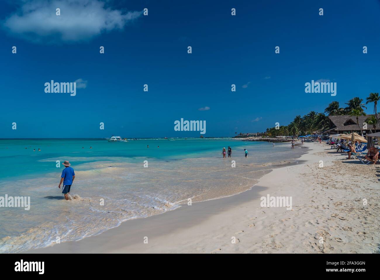ISLA MUJERES, MEXICO - MARCH 12. 2021: Playa Norte, north beach with white sand in Isla Mujeres. Cancun, Mexico Stock Photo