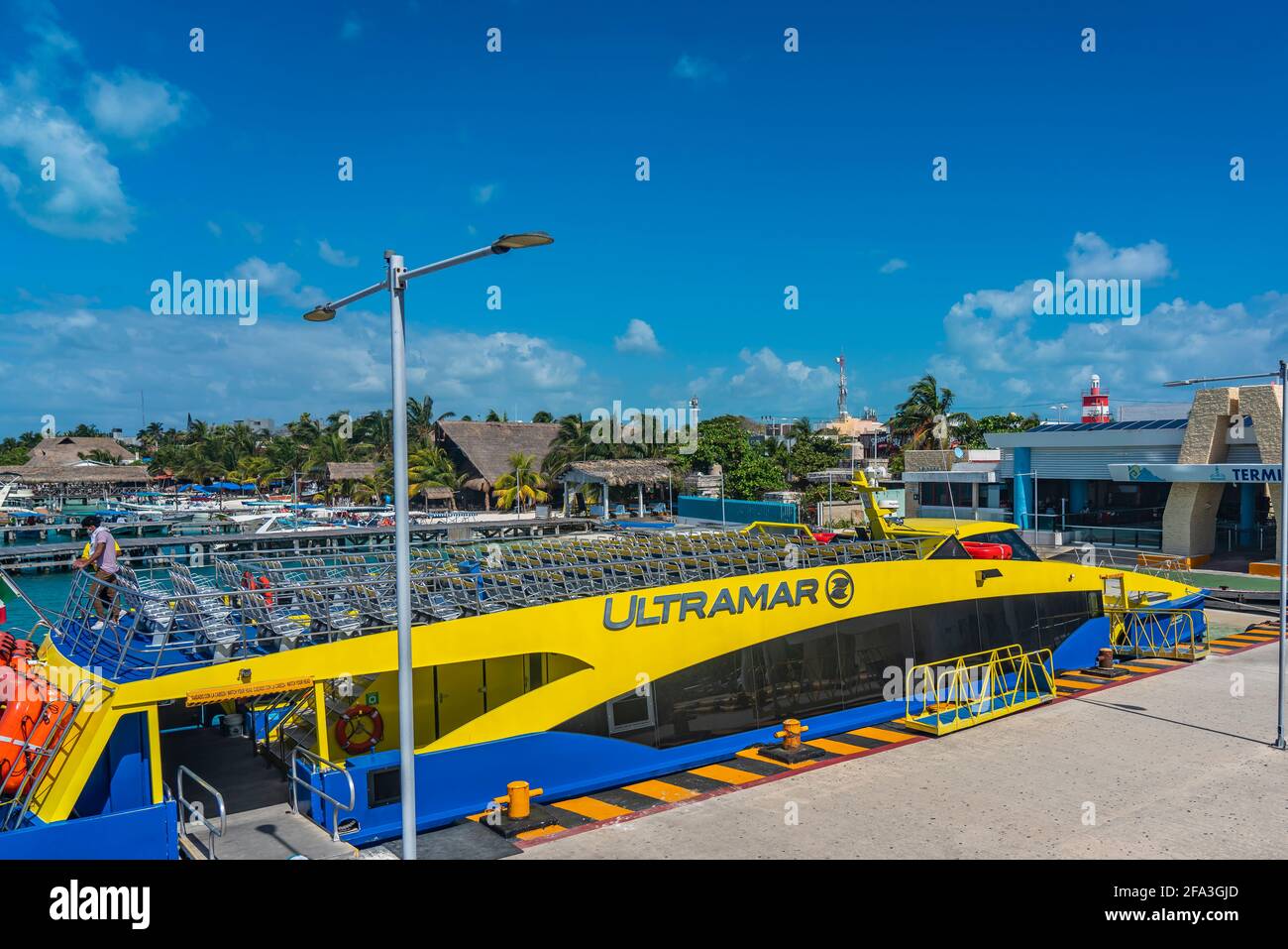 ISLA MUJERES MARCH 13.2021 View of the ferry port with the boat
