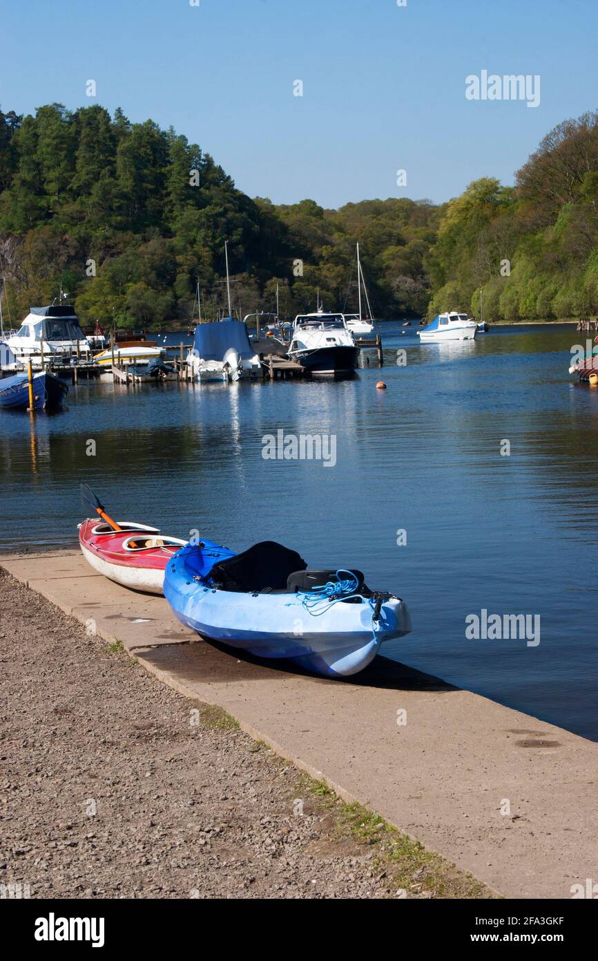 Canoes on the slip at Balmaha, Loch Lomond, Stirlingshire, Scotland Stock Photo