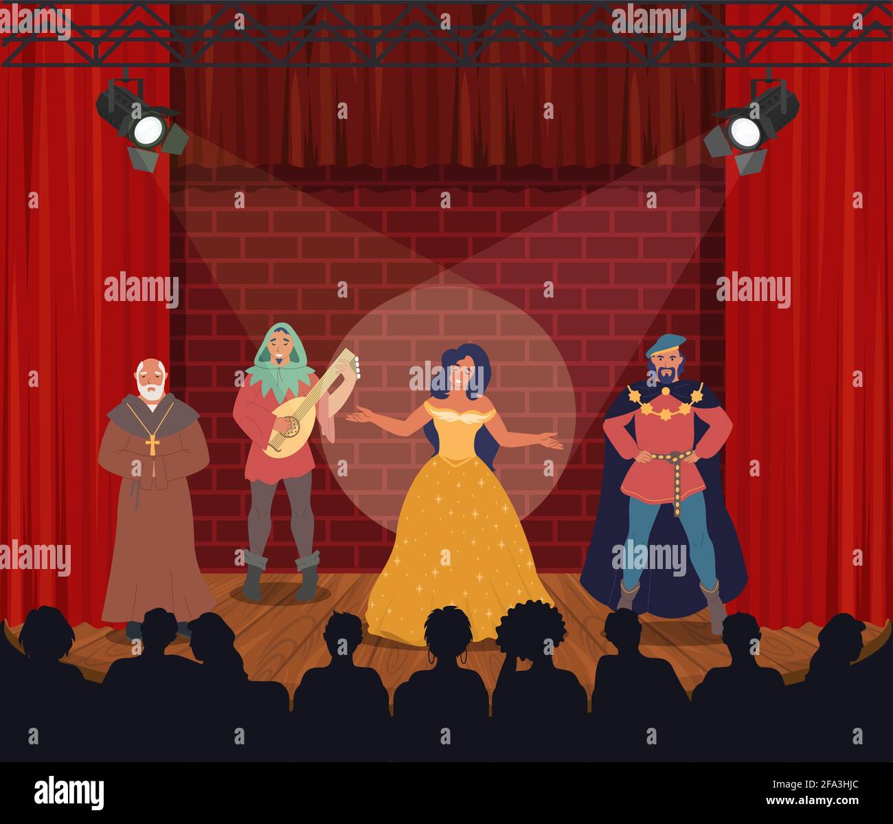Theatrical performance. Actors performing on stage, vector illustration. Comedy, drama. Entertainment. Theatre arts. Stock Vector