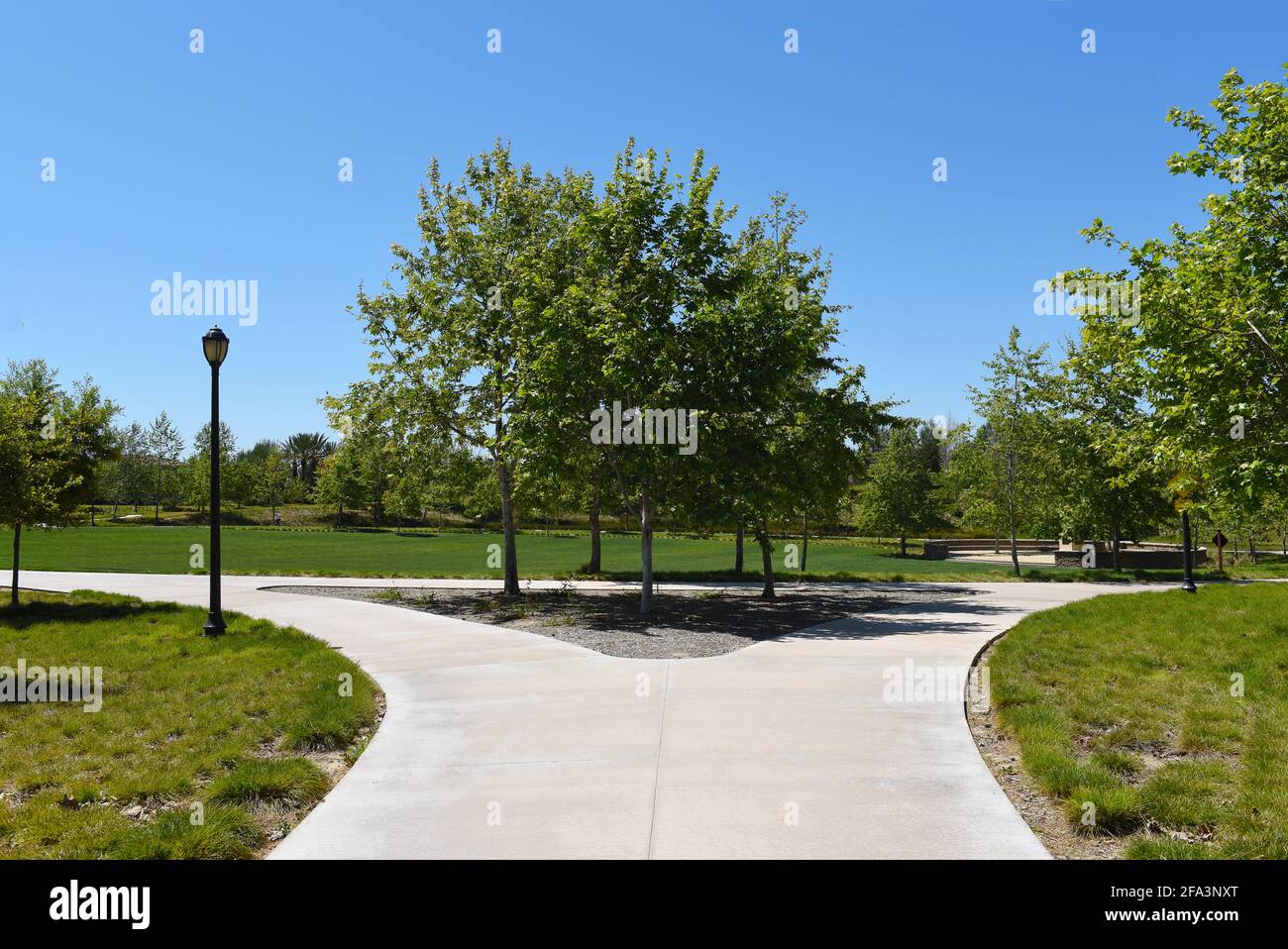 IRVINE, CALIFORNIA - 19 APR 2021: Fork in the Jeffrey Open Space Trail. Stock Photo