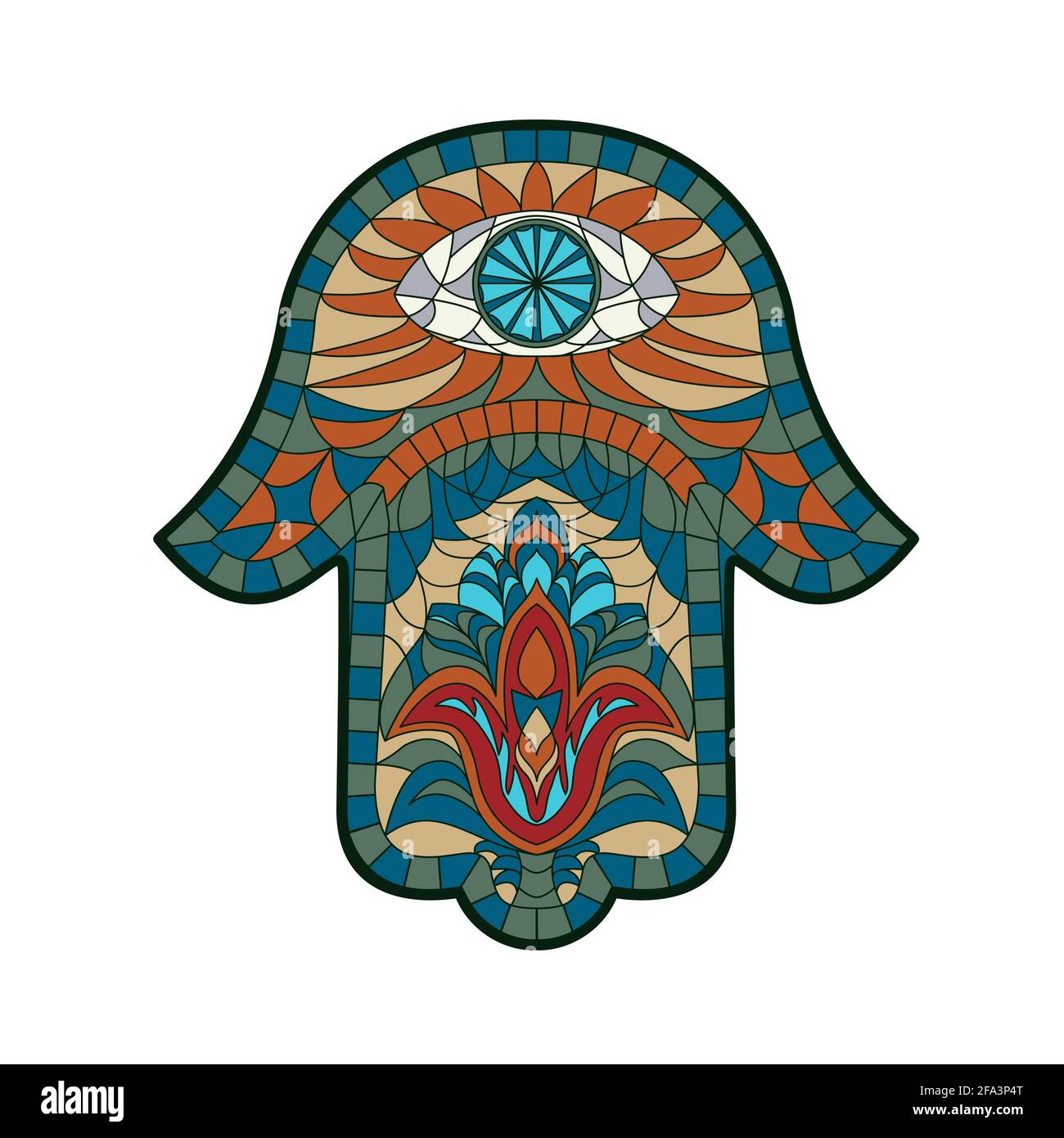 Traditional oriental or Indian sacred amulet of a religious symbol-Hamsa, hand of David,  with an ornament in the style of stained glass or mosaics. V Stock Vector