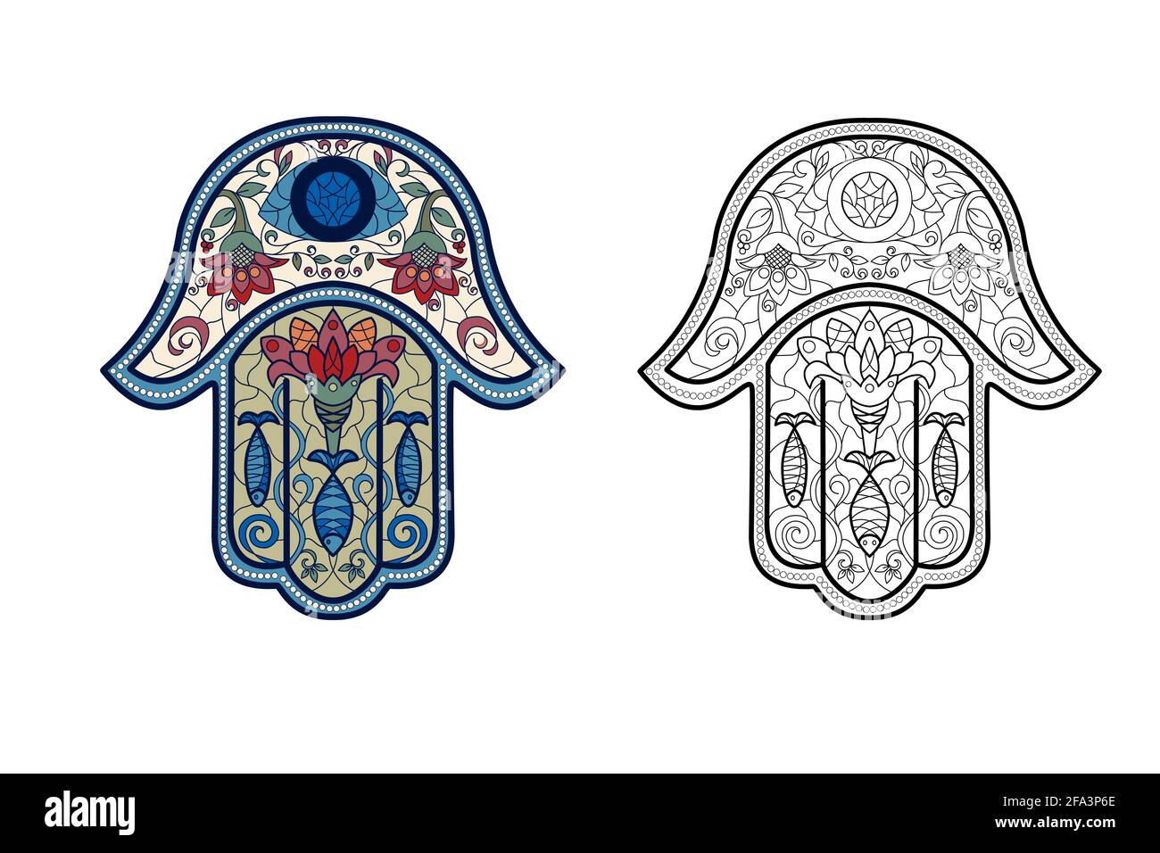 Set of clippings and a coloring book of traditional Oriental or Indian amulets-symbols of good luck, happiness Hamsa, the hand of David, with stained Stock Vector