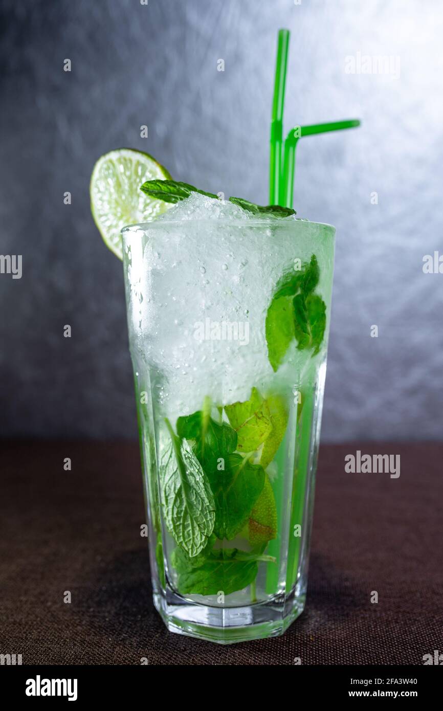mahito with ice. mint and lime refreshing drink. Stock Photo