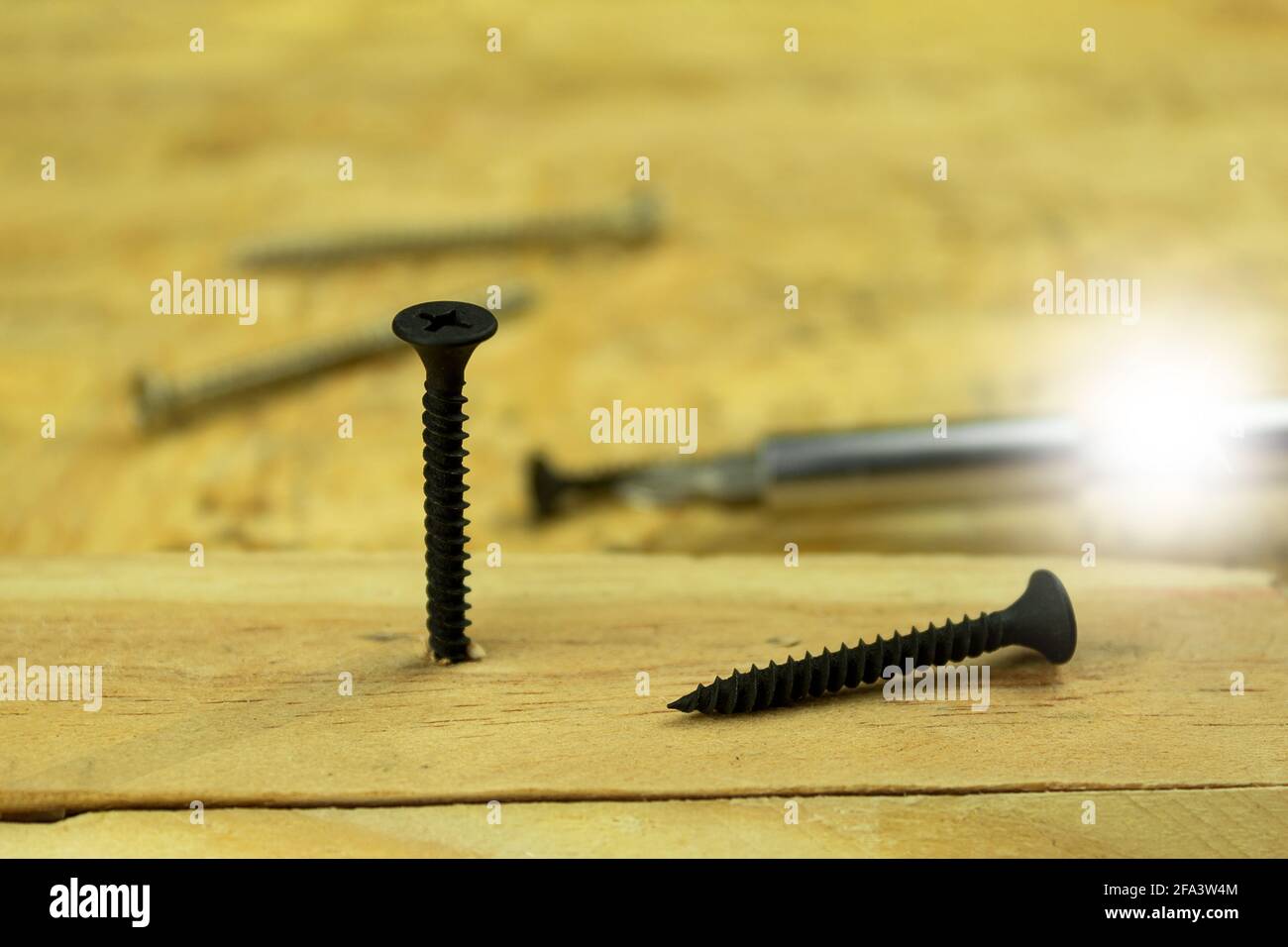 Black wood screw screwed into the board, side view macro photo. Screw