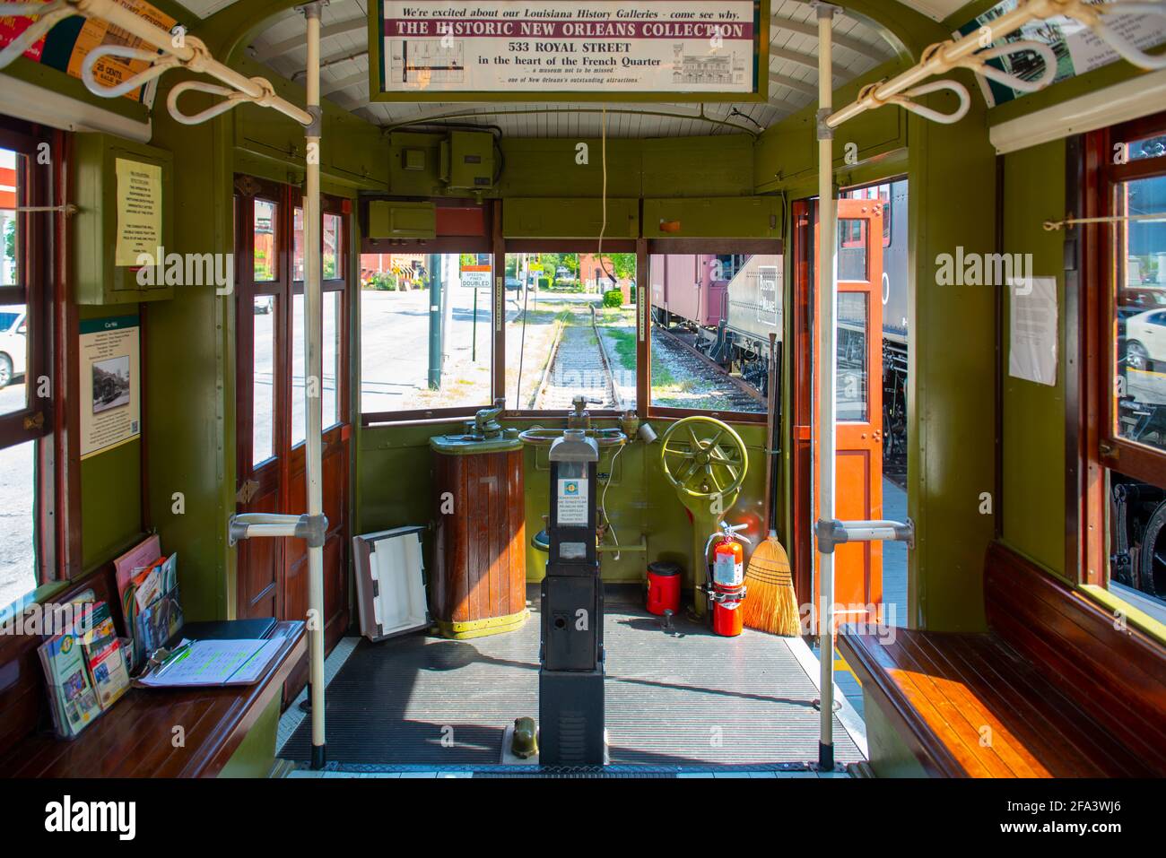 New Orleans Streetcar #966 inside at National Streetcar Museum on Dutton Street in Downtown Lowell, Massachusetts, MA, USA. Stock Photo