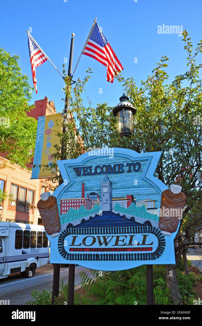 to Lowell sign on Central Street in downtown Lowell, Massachusetts MA, USA Stock Photo