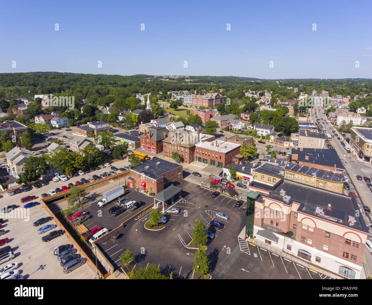 Waltham city center at Main Street near Waltham city hall aerial view