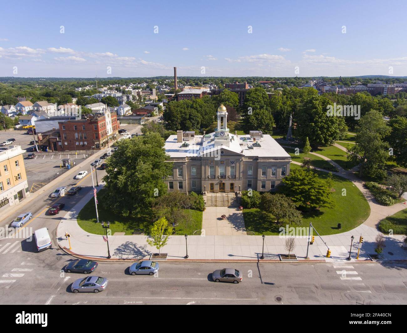 Waltham City Hall and downtown with Boston skyline at the background