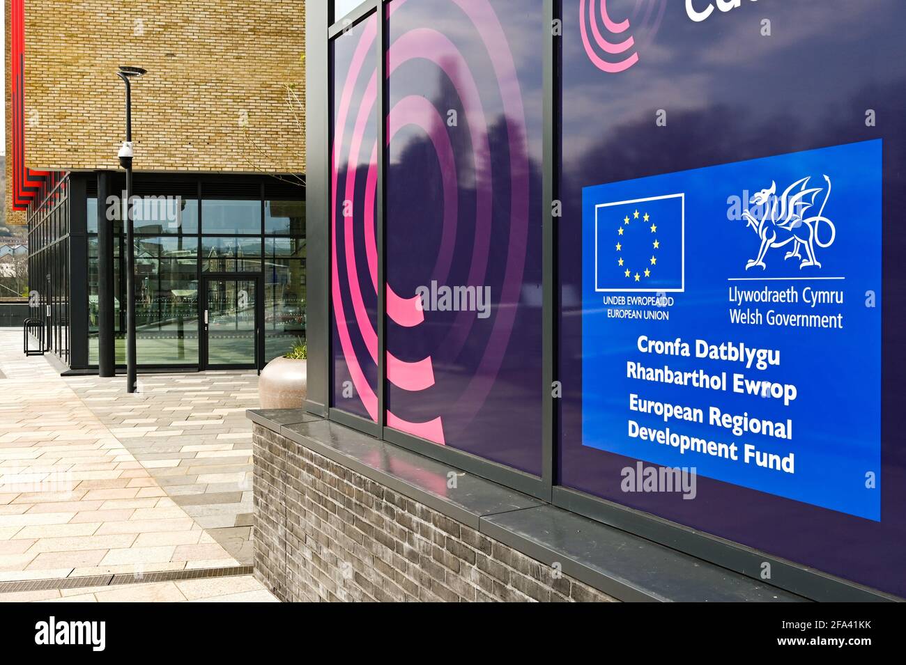 Pontypridd, Wales - April 2021: Sign on the outside of a new office development in Pontypridd town centre showing the sponsors and funders Stock Photo