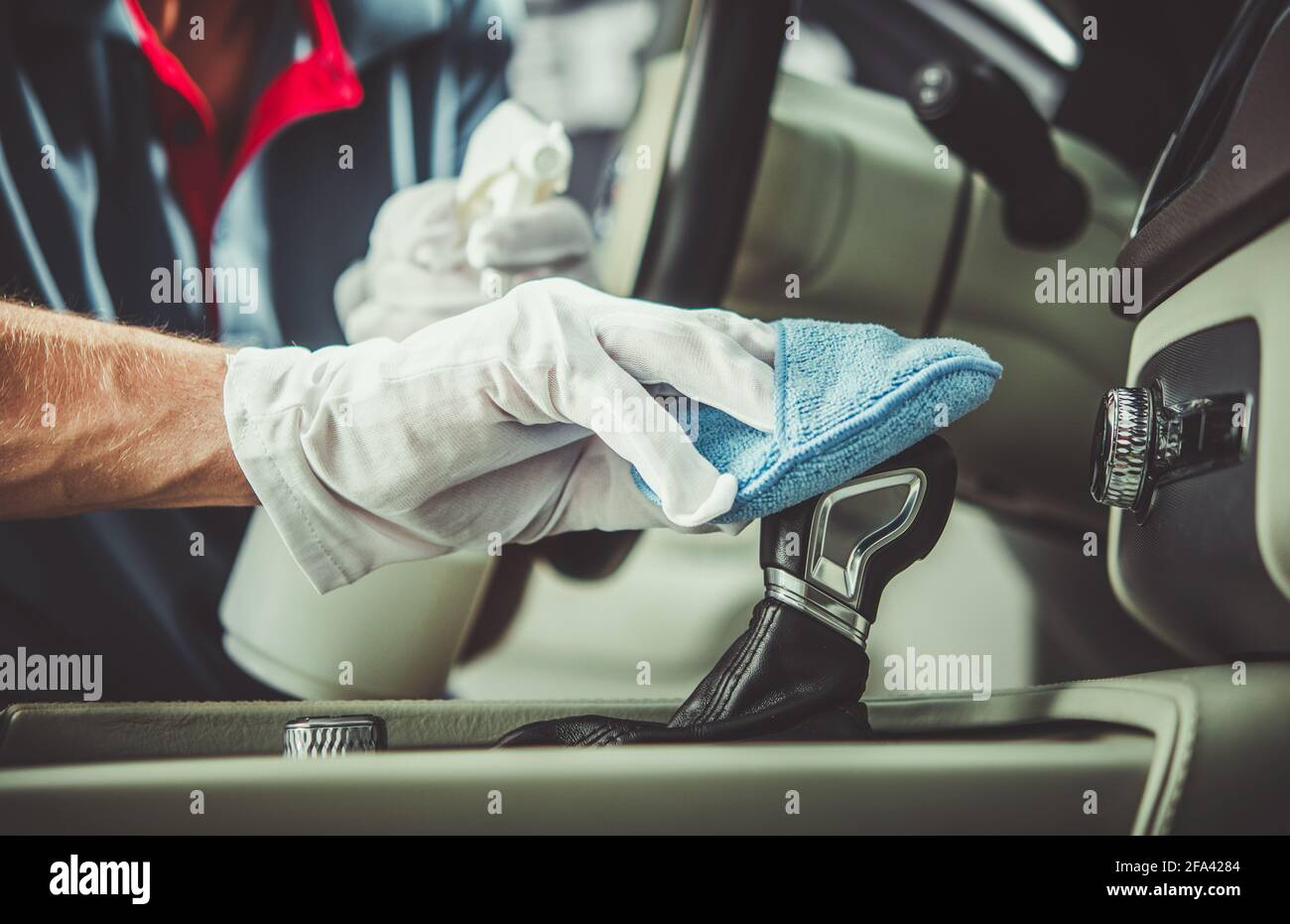 Detailing and Car Interior Cleaning Worker Polishing Vehicle Elements