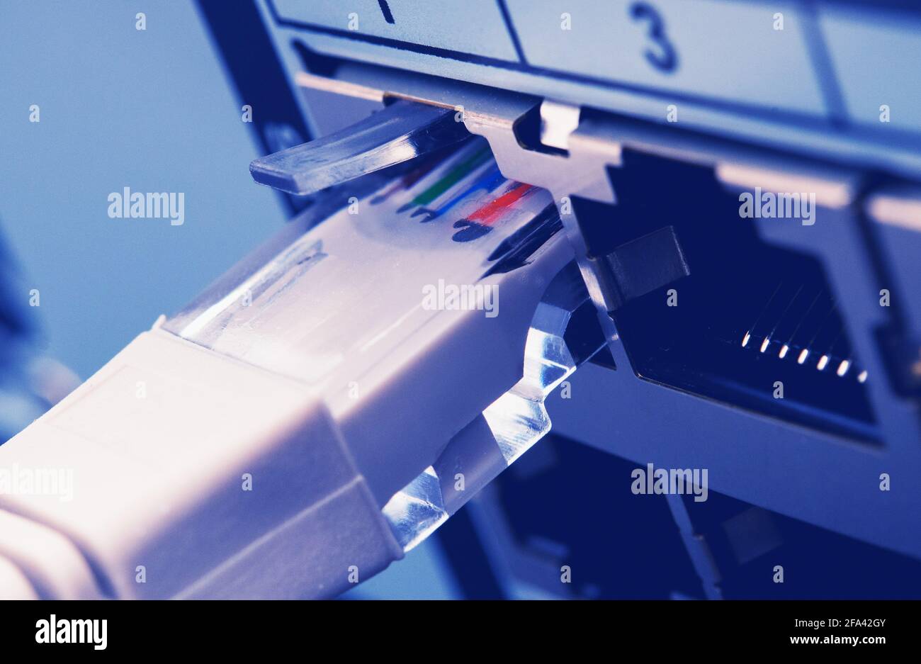 RJ 45 Network Cable Inserted Into Digital CCTV Recorder Server Machine Close Up. Modern Technology Theme. Stock Photo