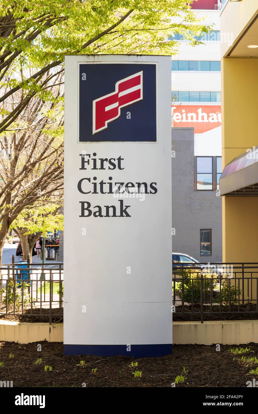 ASHEVILLE, NC, USA-11 APRIL 2021: A large, monolithic sign identifying the First Citizens Bank in downtown. Stock Photo