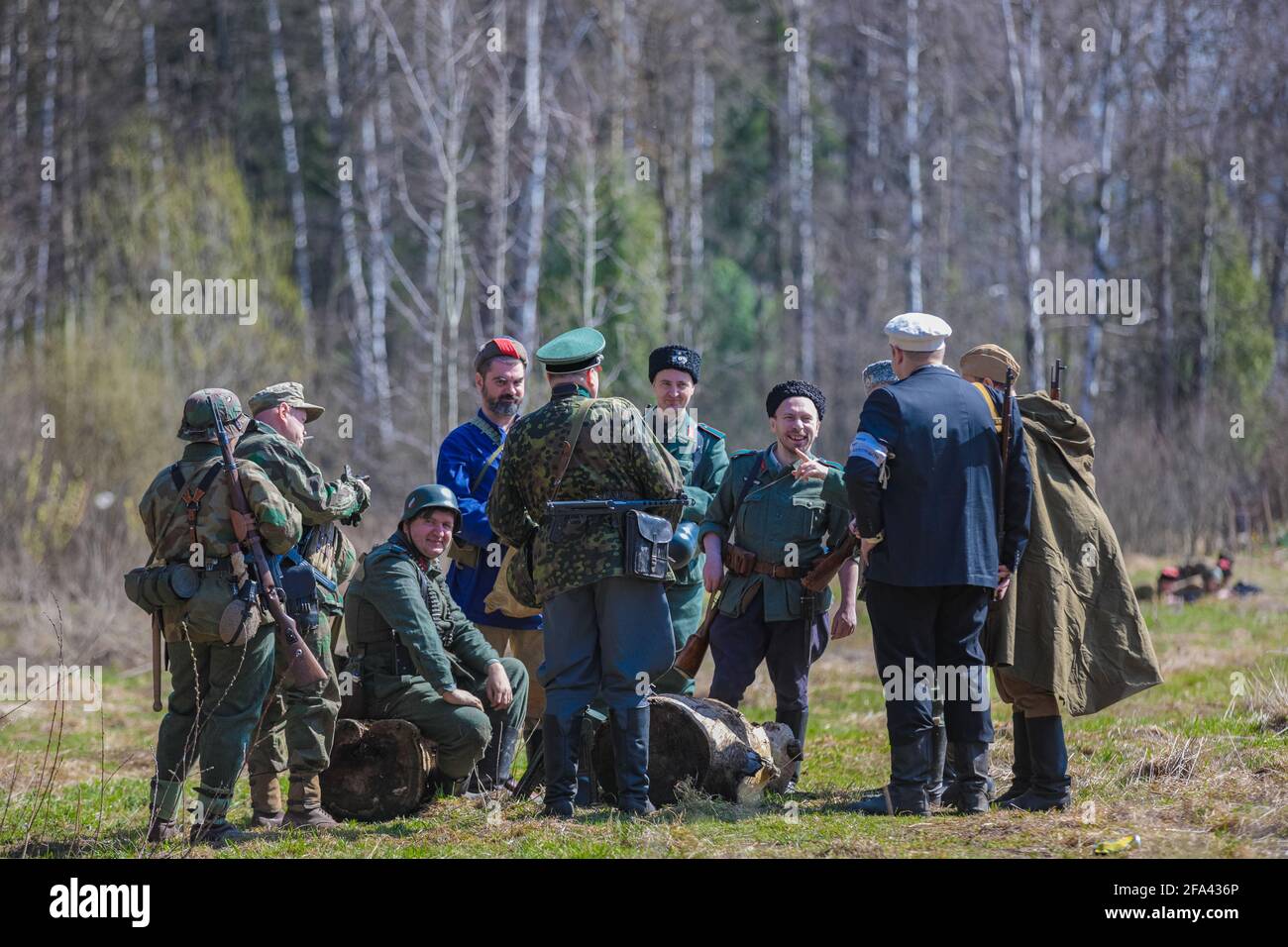 Reconstruction of the Second World War. The soldiers are standing in groups, talking. The Great Patriotic War. Liberation of Odessa. Zelenograd Russia Stock Photo