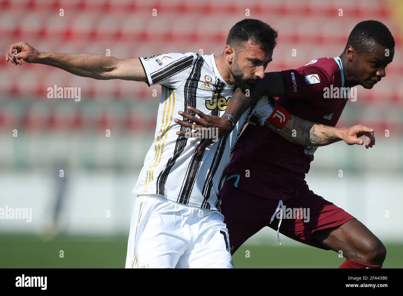 Alessandria, Italy. 22nd Apr, 2021. Raffaele Alcibiade of Juventus appears  to receive an elbow in the throat from King Udoh of Olbia Calcio during the  Serie C match at Stadio Giuseppe Moccagatta -