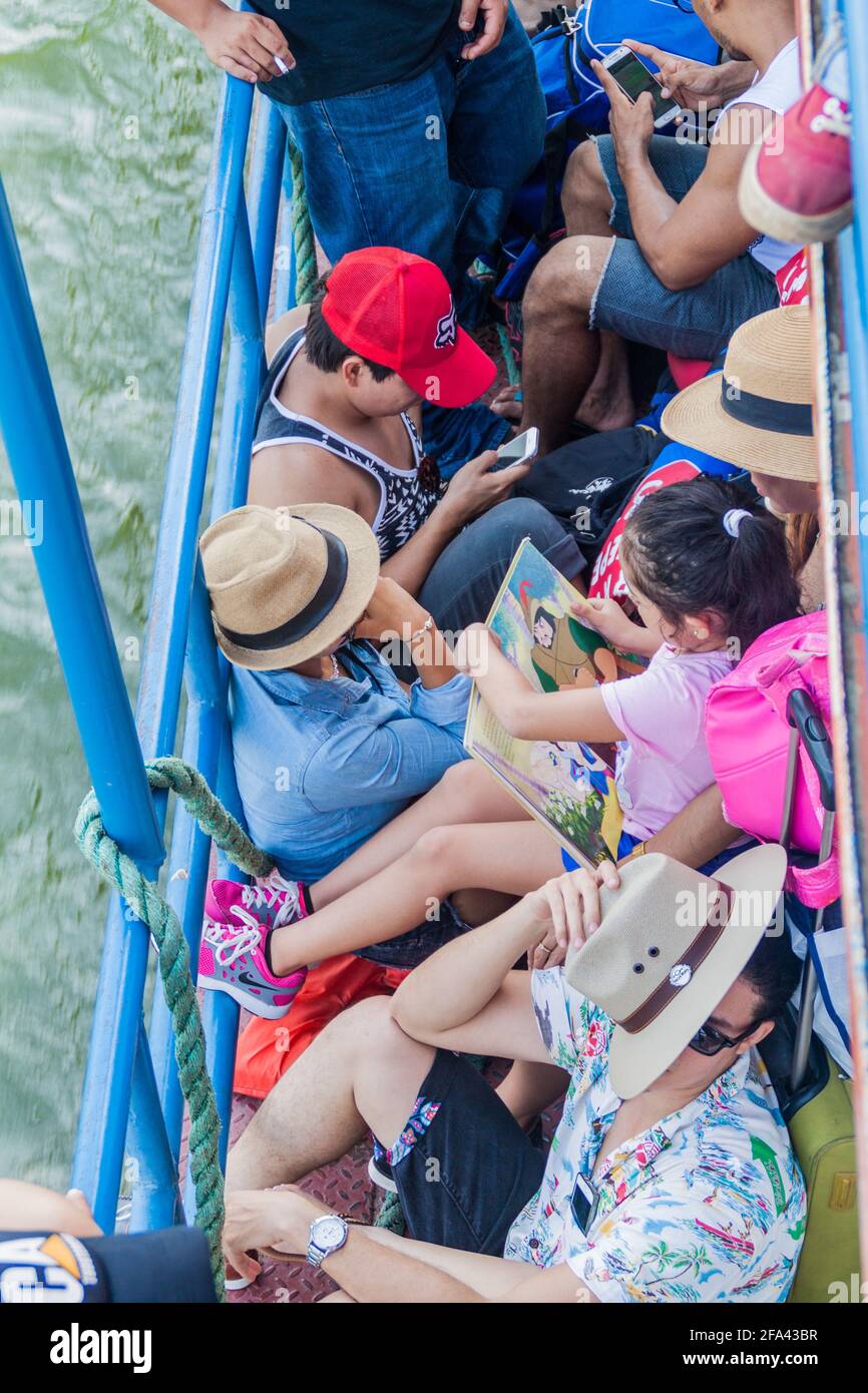 RIVAS, NICARAGUA - MAY 1, 2016: Passengers aboard ferry Che Guevara Lago Cocibolca Nicaragua Lake to Ometepe island, Nicaragua Stock Photo