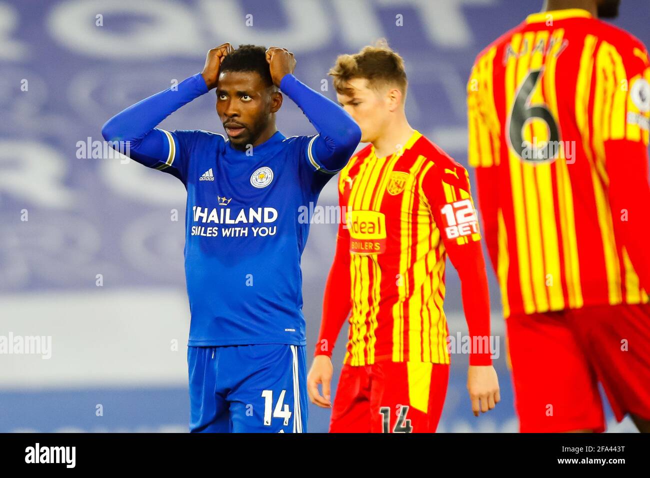 Leicester, UK. 22nd April 2021; King Power Stadium, Leicester, Midlands,  England; English Premier League Football, Leicester City versus West  Bromwich Albion; Kelechi Iheanacho of Leicester City holds his head after  shooting wide