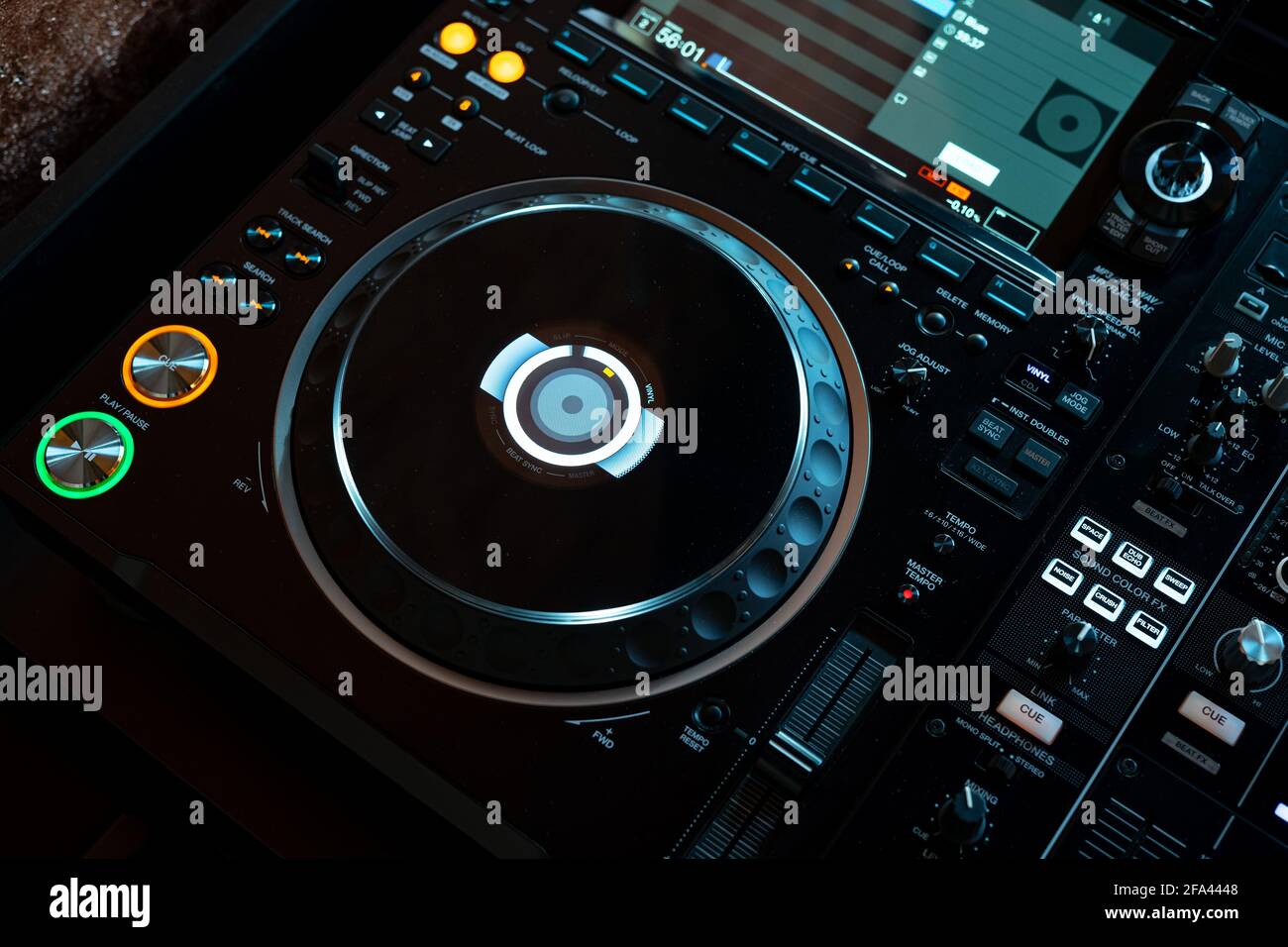 Player and mixing console closeup. DJ equipment Stock Photo Alamy