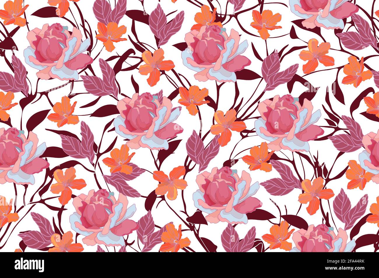 Art floral vector seamless pattern. Pink, orange color flowers Stock Vector