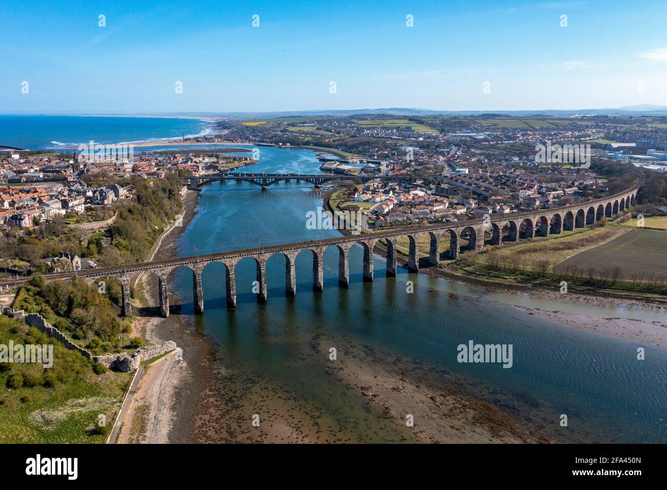 Aerial view of the Border Rail Bridge at Berwick Upon Tweed, Northumberland, England. Stock Photo