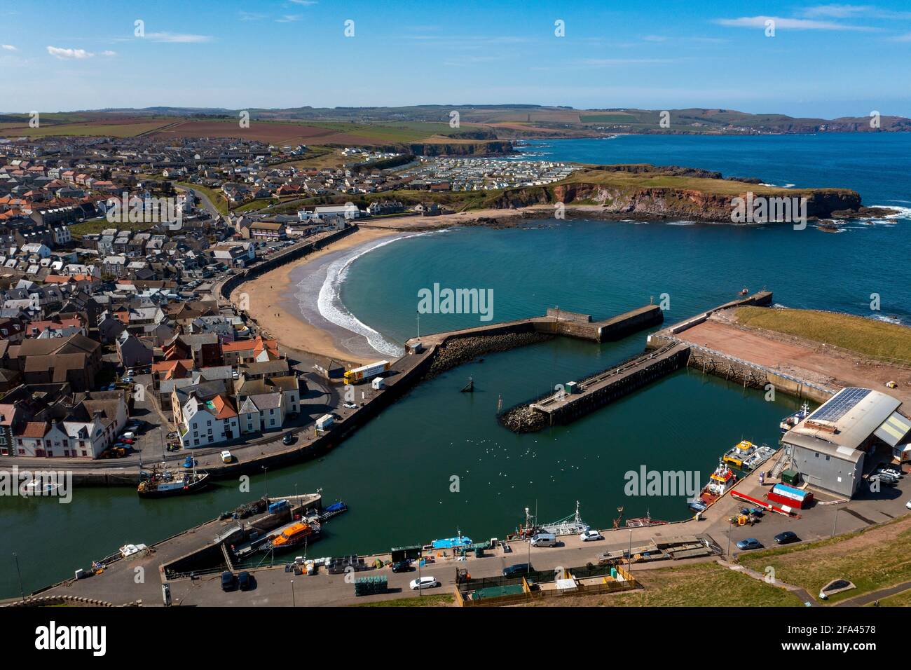 Aerial view of Eyemouth harbour and town centre, Berwickshire, Scotland. Stock Photo