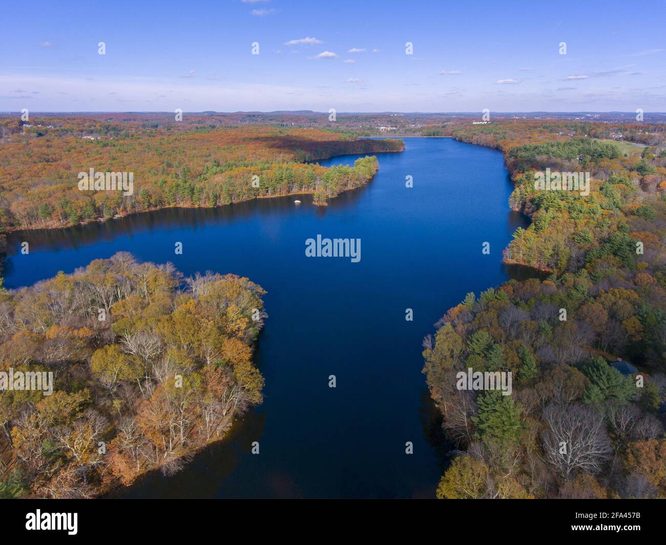 Ashland Reservoir aerial view with fall foliage in Ashland State Park ...