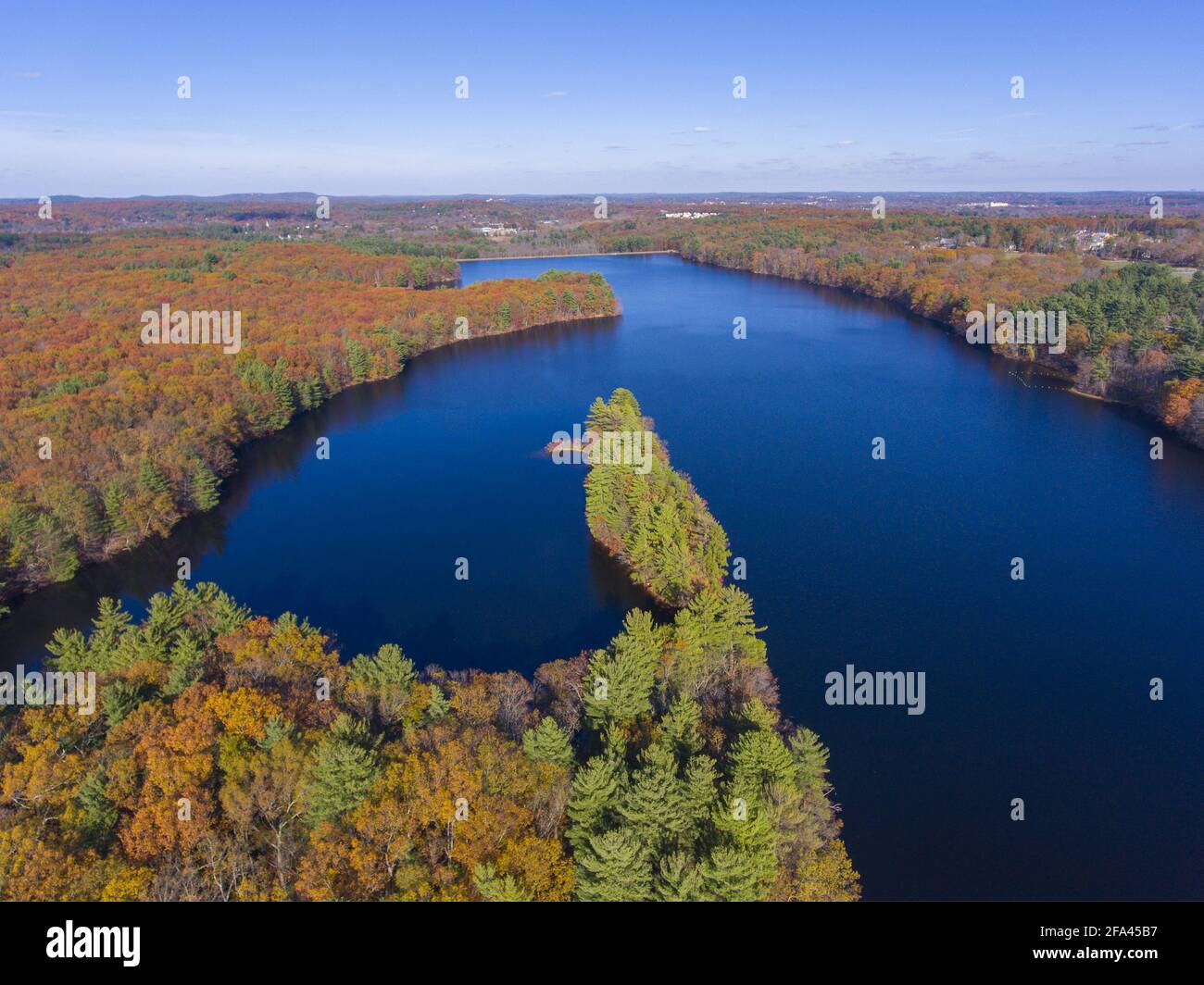 Ashland Reservoir aerial view with fall foliage in Ashland State Park