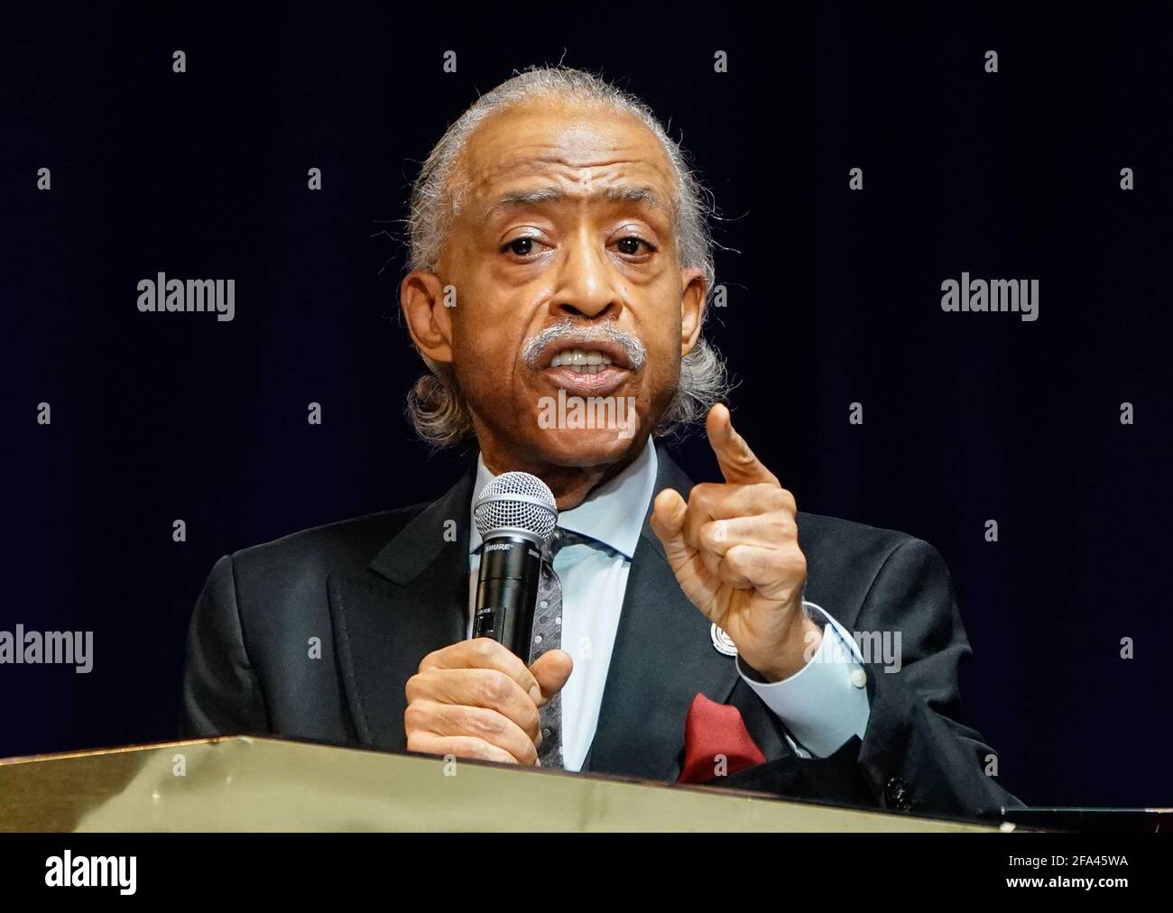 Minneapolis, United States. 22nd Apr, 2021. The Reverend Al Sharpton delivers remarks during the funeral for 20 year old Daunte Wright who was shot and killed by police officer Kimberly Ann Potter during a traffic stop and attempted arrest in Brooklyn Center, Minnesota on Thursday, April 22, 2021. Photo by Jemal Countess/UPI Credit: UPI/Alamy Live News Stock Photo