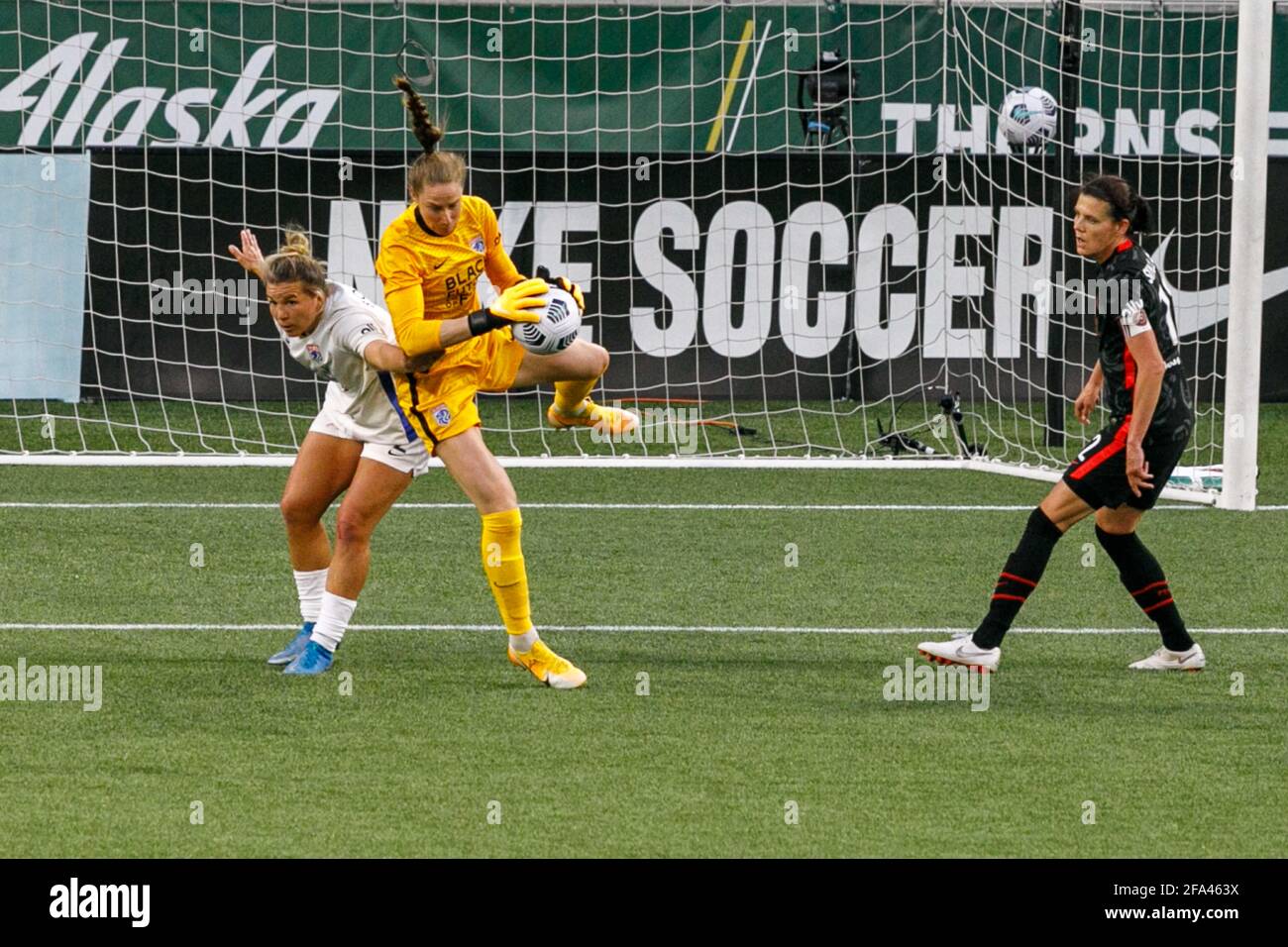 Portland, USA. 21st Apr, 2021. Reign goalkeeper Karen Bardsley blocks a shot. The Portland Thorns FC beat Tacoma's OL Reign 2-0 at Providence Park in Portland, Oregon on April 21, 2021, which sends the Thorns to the Challenge Cup finals at home on May 8. (Photo by John Rudoff/Sipa USA) Credit: Sipa USA/Alamy Live News Stock Photo