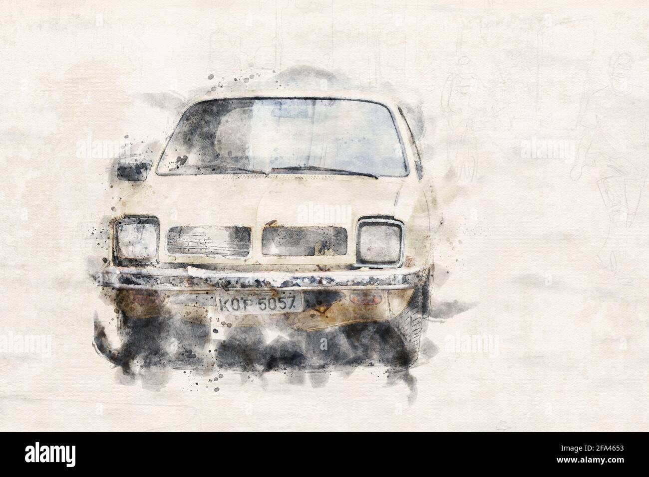 Brazil, 2020: Watercolor painting of an old car. Front view of a rusty machine. Gasoline powered car model. Stock Photo