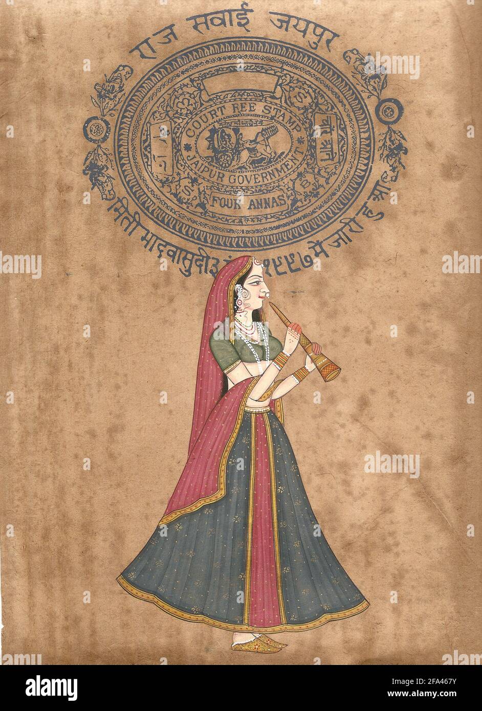Young Indian woman playing a flute, Indian miniature painting on 19th century paper. Udaipur, India Stock Photo