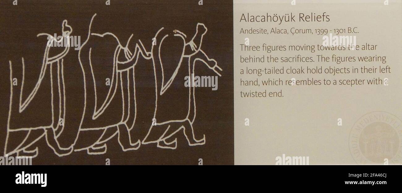 ANKARA, TURKEY - MAY 21, 2014 -  Procession of cloaked people  from  Alaca, Corum, 1400 BCE Ankara, Turkey Stock Photo