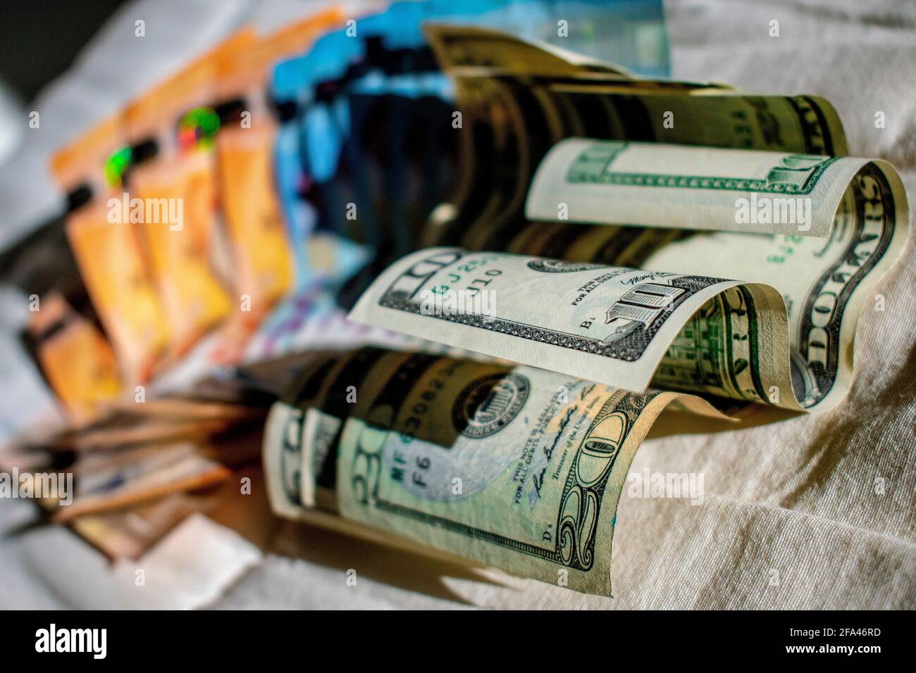 Money / Cash: dollar and euro bills. Stock Photo