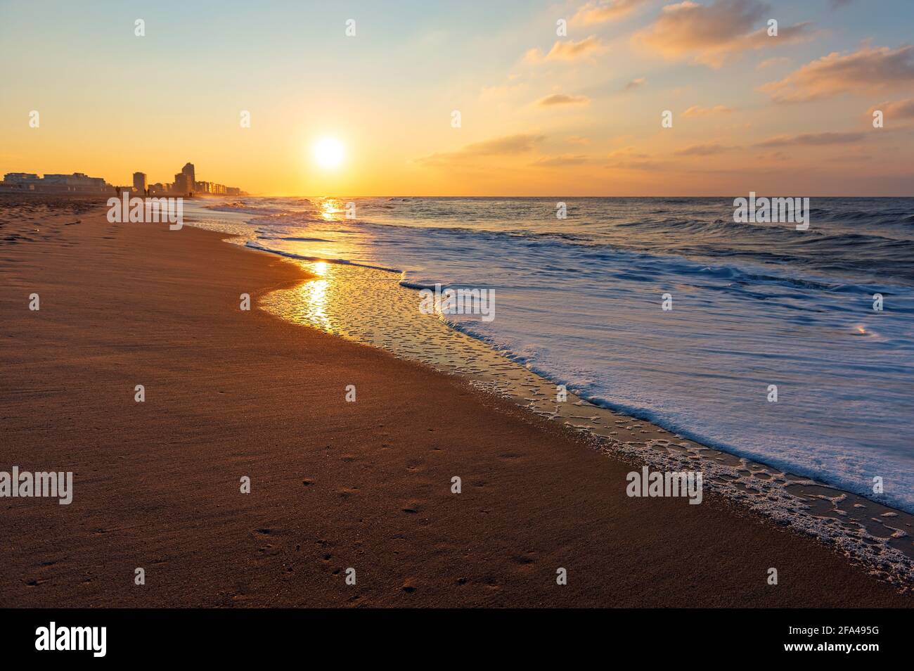 Oostende (Ostend) North Sea beach at sunset, Flanders, Belgium. Stock Photo