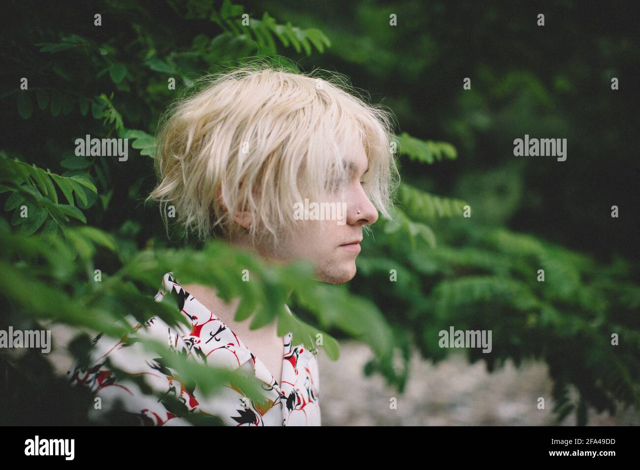 Teen Boy With Bleach Blonde Hair Stands in Profile among Green Leaves Stock Photo