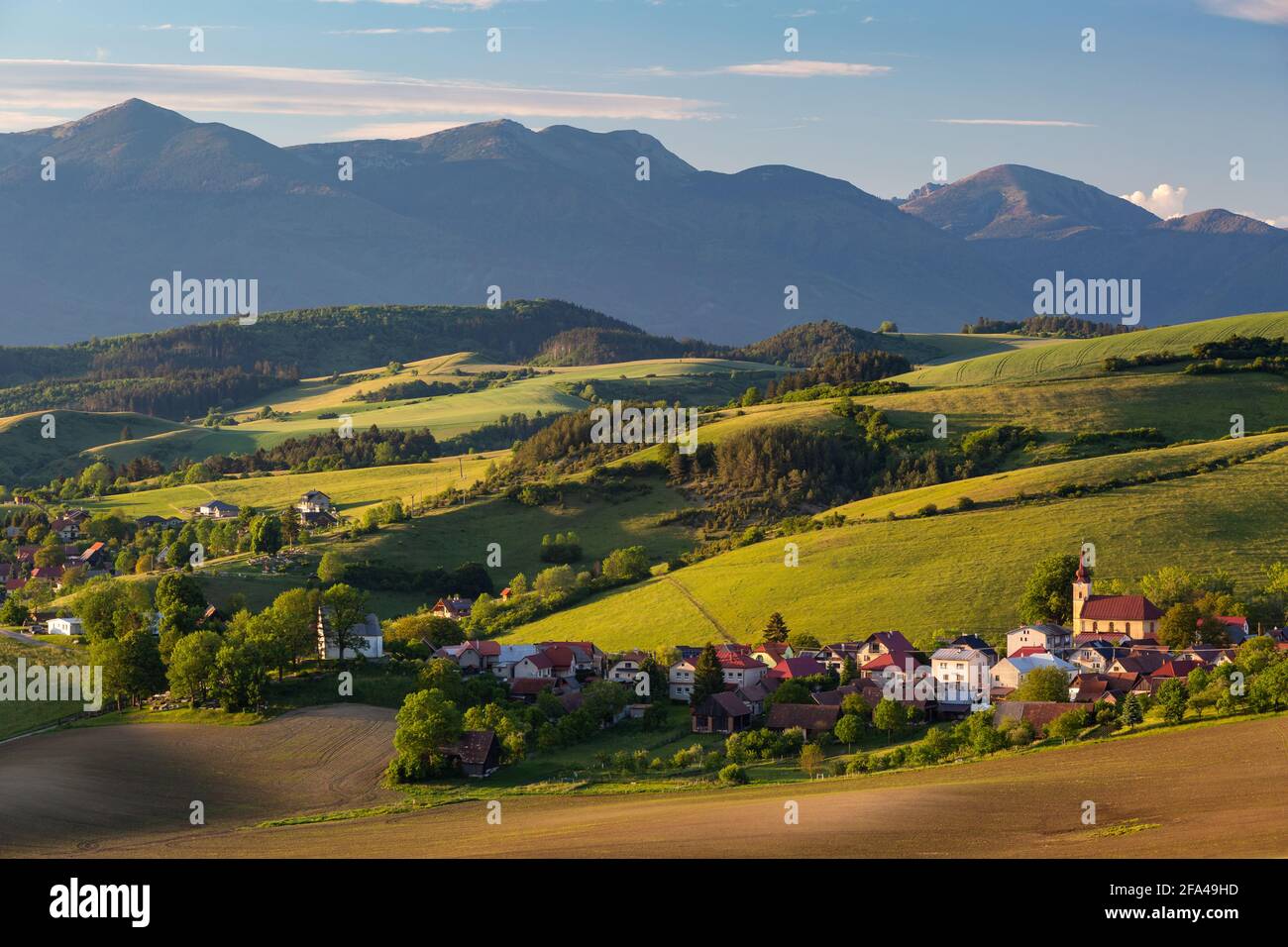 Turcianske Jaseno and the rural landscape of Turiec basin, Slovakia. Stock Photo