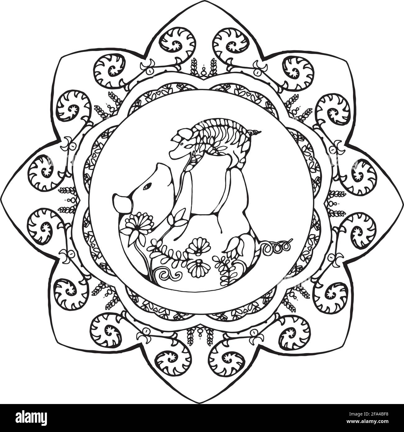 Cute pigs are doing pair yoga. Pig with a baby in the ornament. Flower sacral mandala. Stock Vector