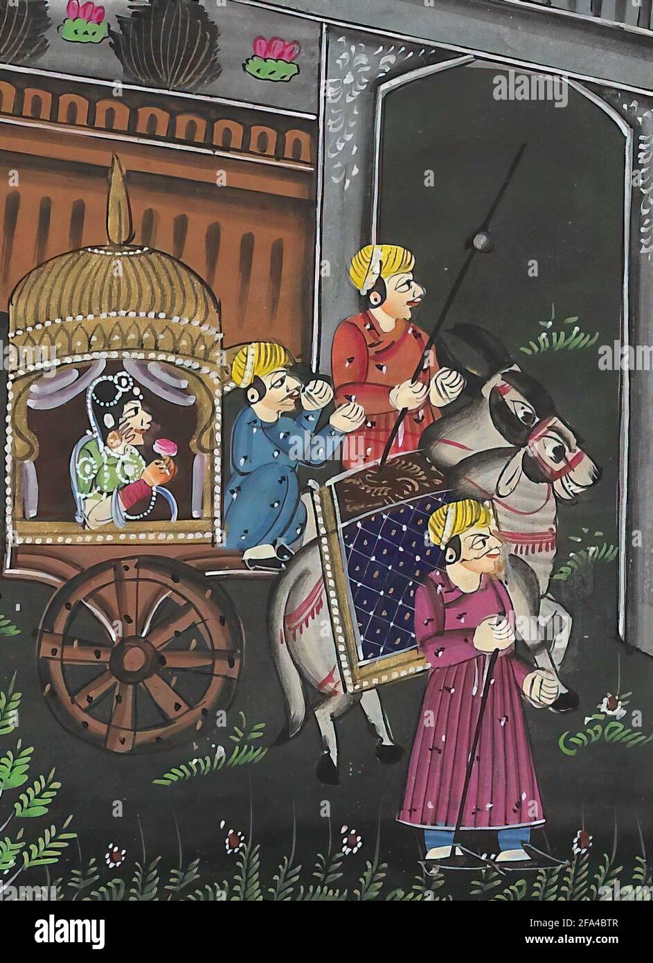 Painted miniature artwork men accompanying a woman in a carriage Stock Photo