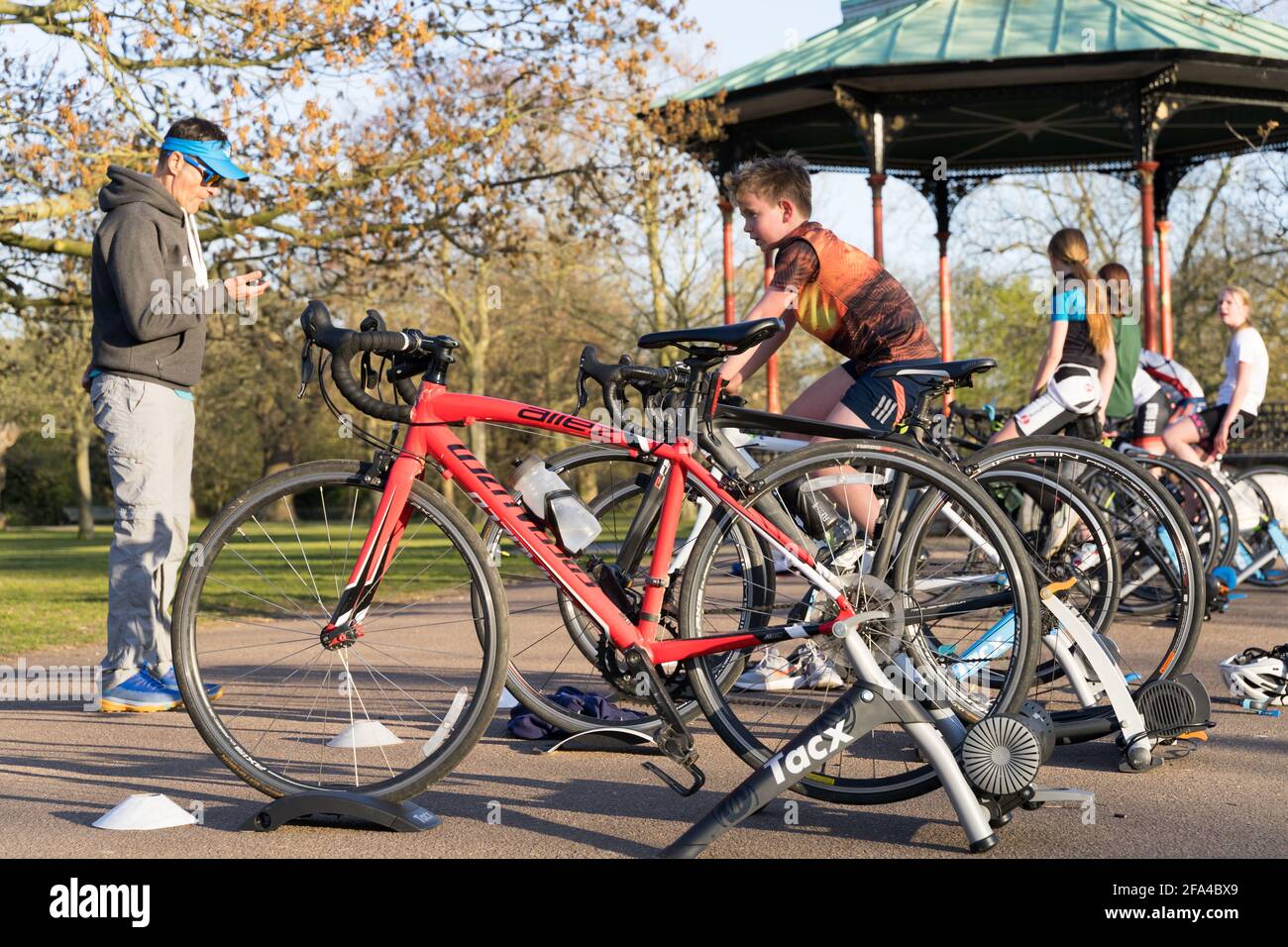 british triathlon training session at London greenwich Park, UK Stock