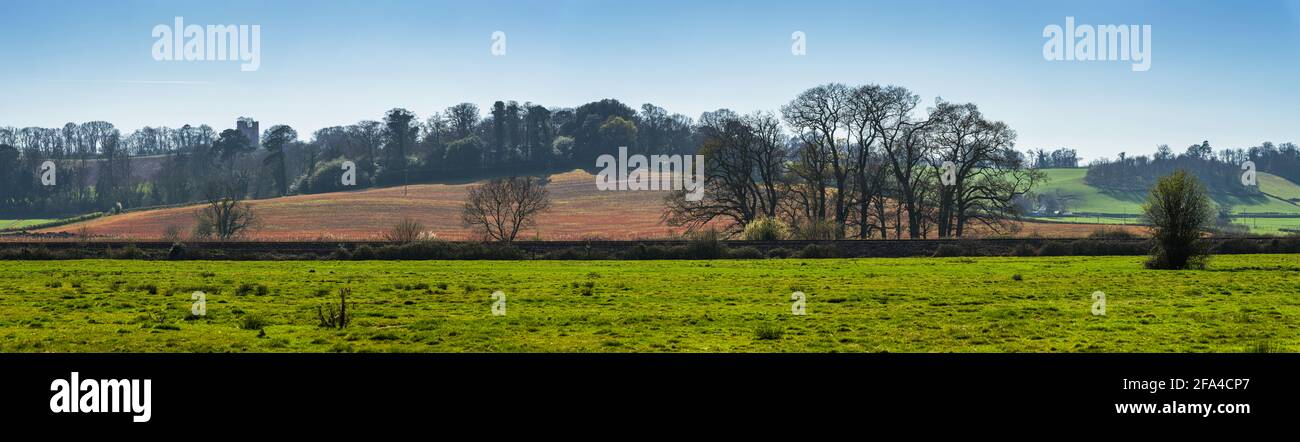 Fields and Meadows over English Village, Devon, England, Europe Stock Photo