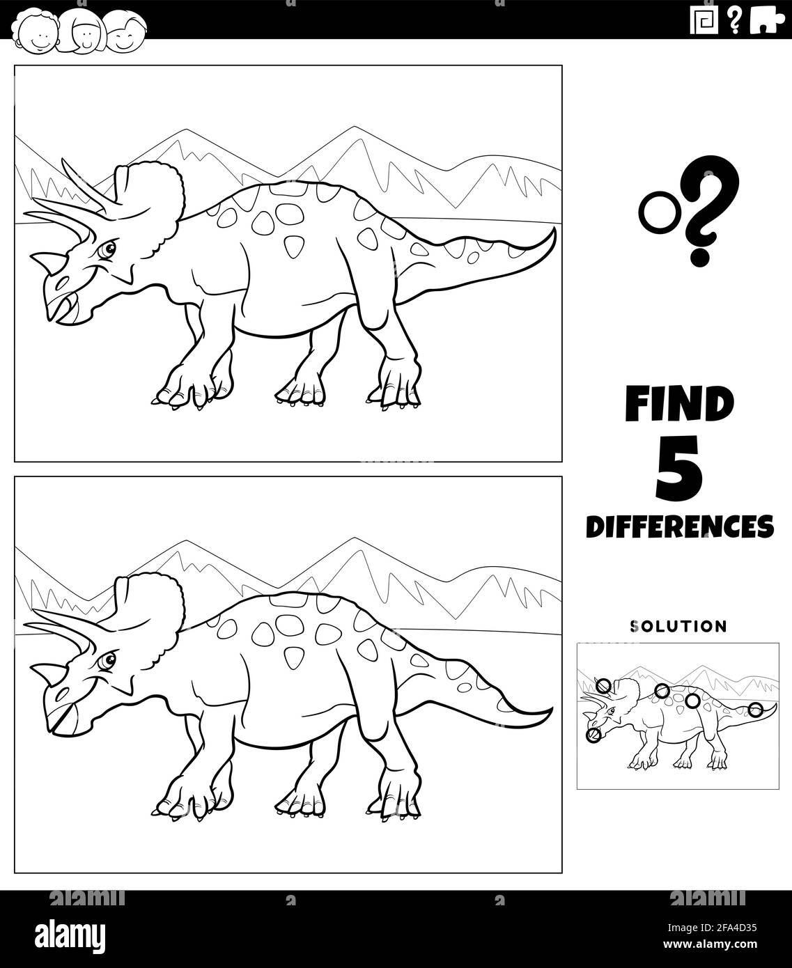 Black and white cartoon illustration of finding the differences between pictures educational game for children with triceratops dinosaur prehistoric a Stock Vector