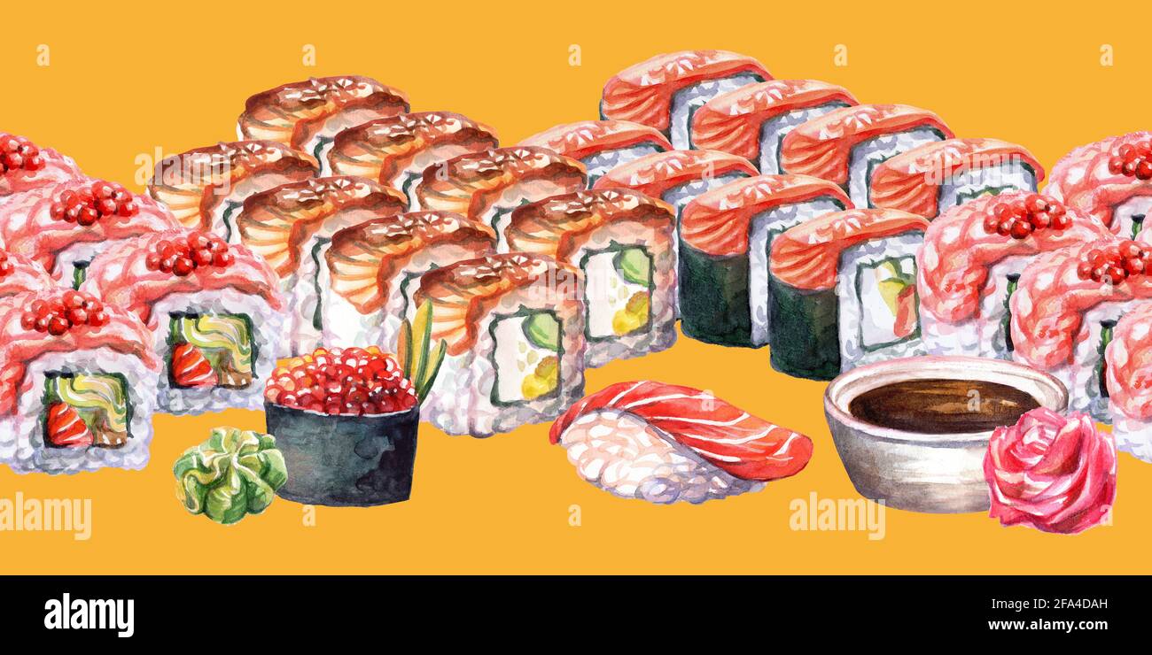 Seamless border japanese cuisine. Background with different sushi elements, watercolor illustration. For design sushi restaurant menu, print, decor, d Stock Photo
